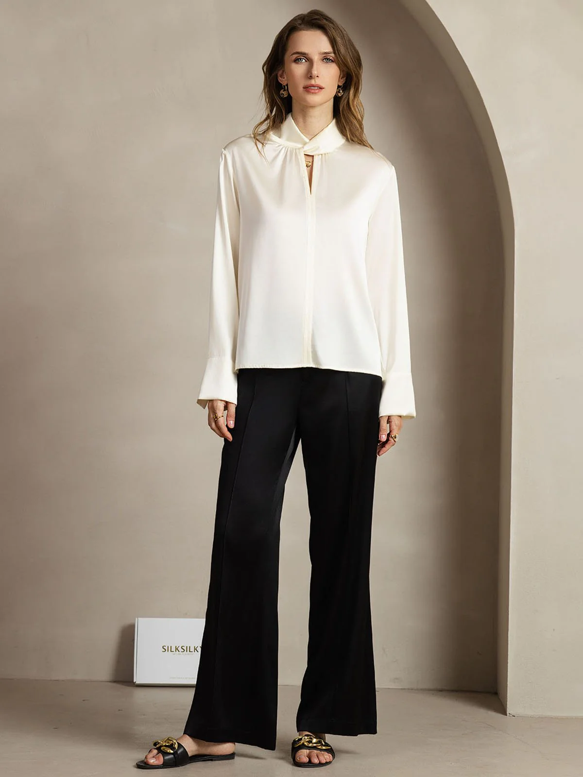 19Momme Silk Keyhole Neck Blouse with Pearl Buttons - Image 23
