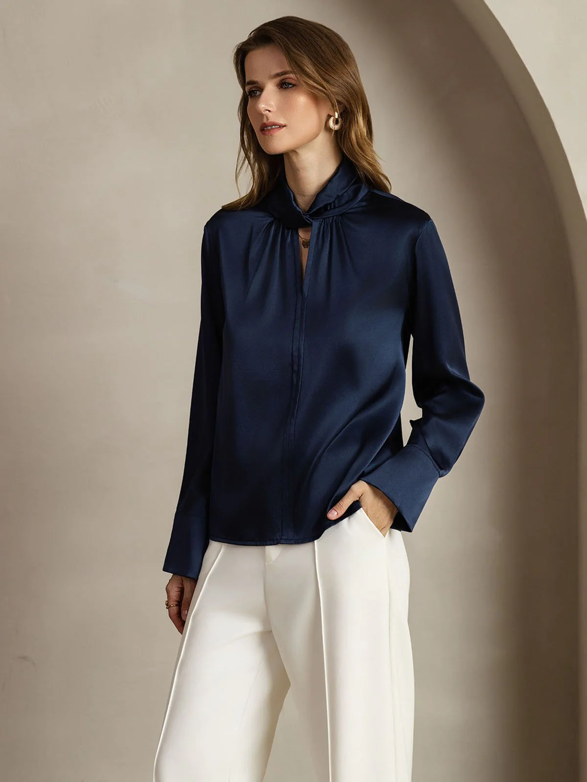 19Momme Silk Keyhole Neck Blouse with Pearl Buttons - Image 27