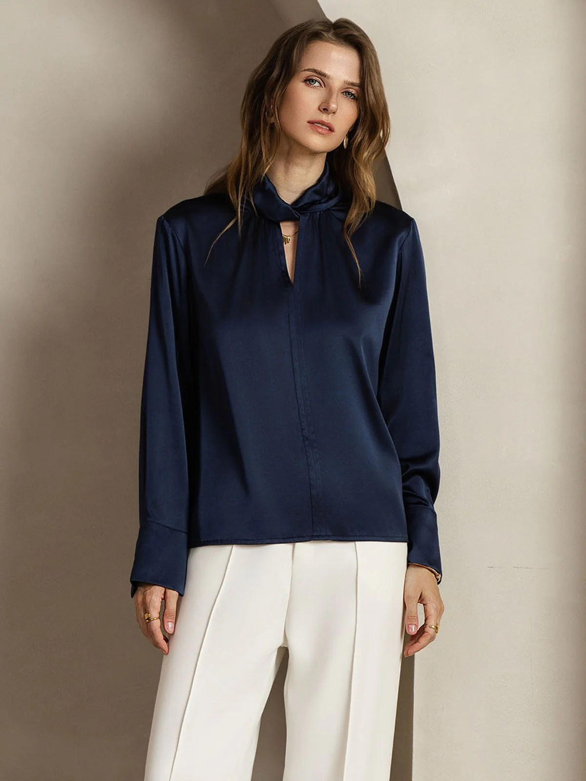 19Momme Silk Keyhole Neck Blouse with Pearl Buttons - Image 29