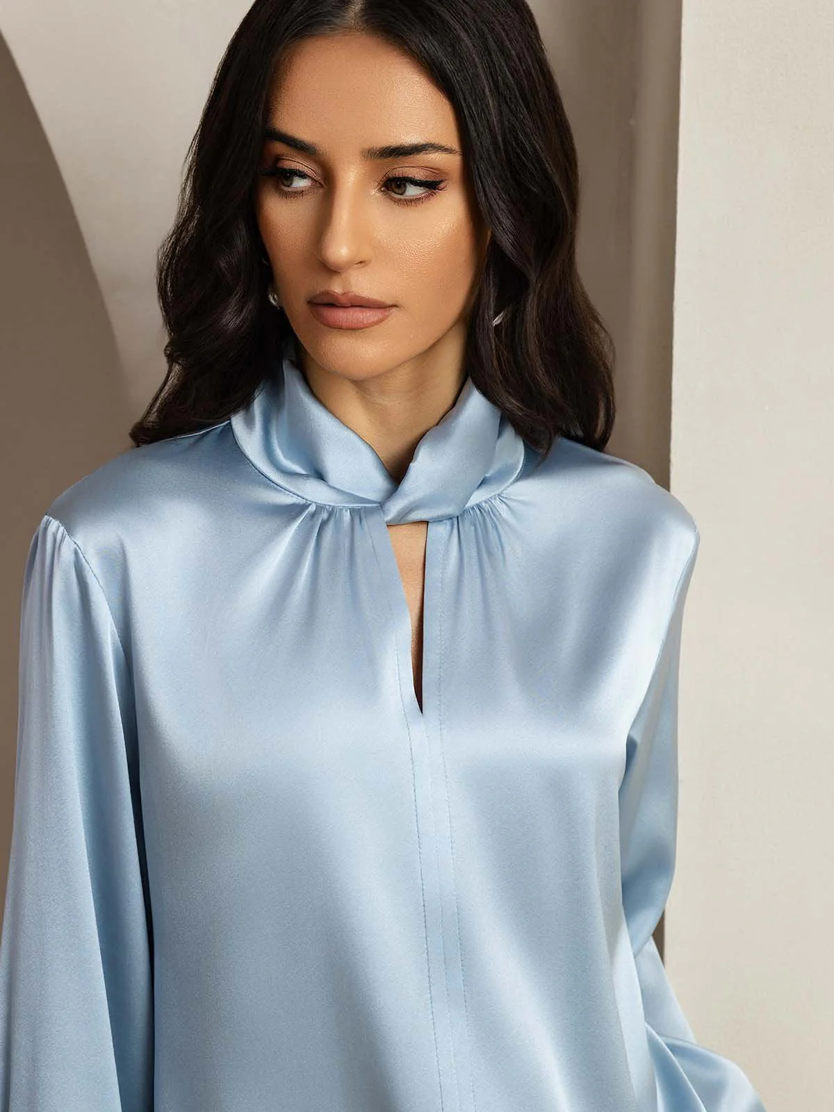 19Momme Silk Keyhole Neck Blouse with Pearl Buttons - Image 3
