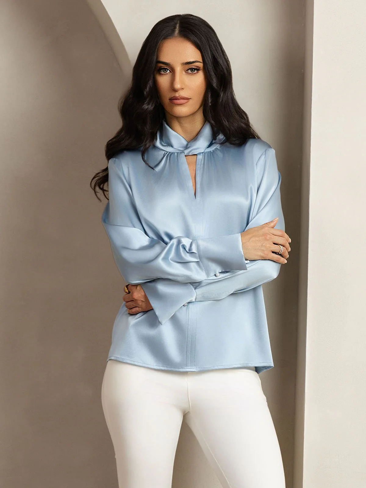 19Momme Silk Keyhole Neck Blouse with Pearl Buttons - Image 6