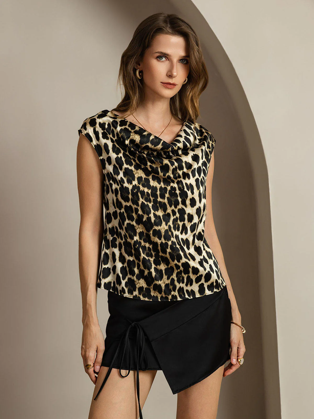19Momme Silk Leopard Print Cap Sleeve Cowl Neck Women's Top - Image 4