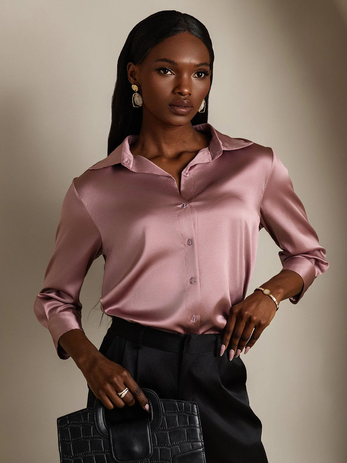 19Momme Silk 3/4 Sleeve Lapel Collar Women's Shirt with Button Up Design - Image 10