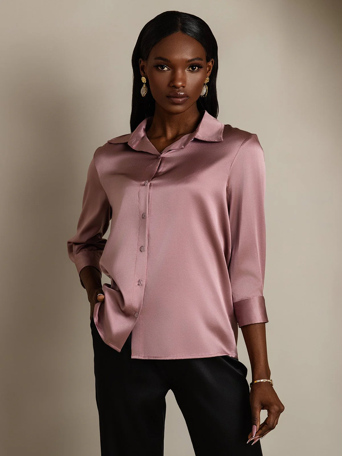 19Momme Silk 3/4 Sleeve Lapel Collar Women's Shirt with Button Up Design - Image 11