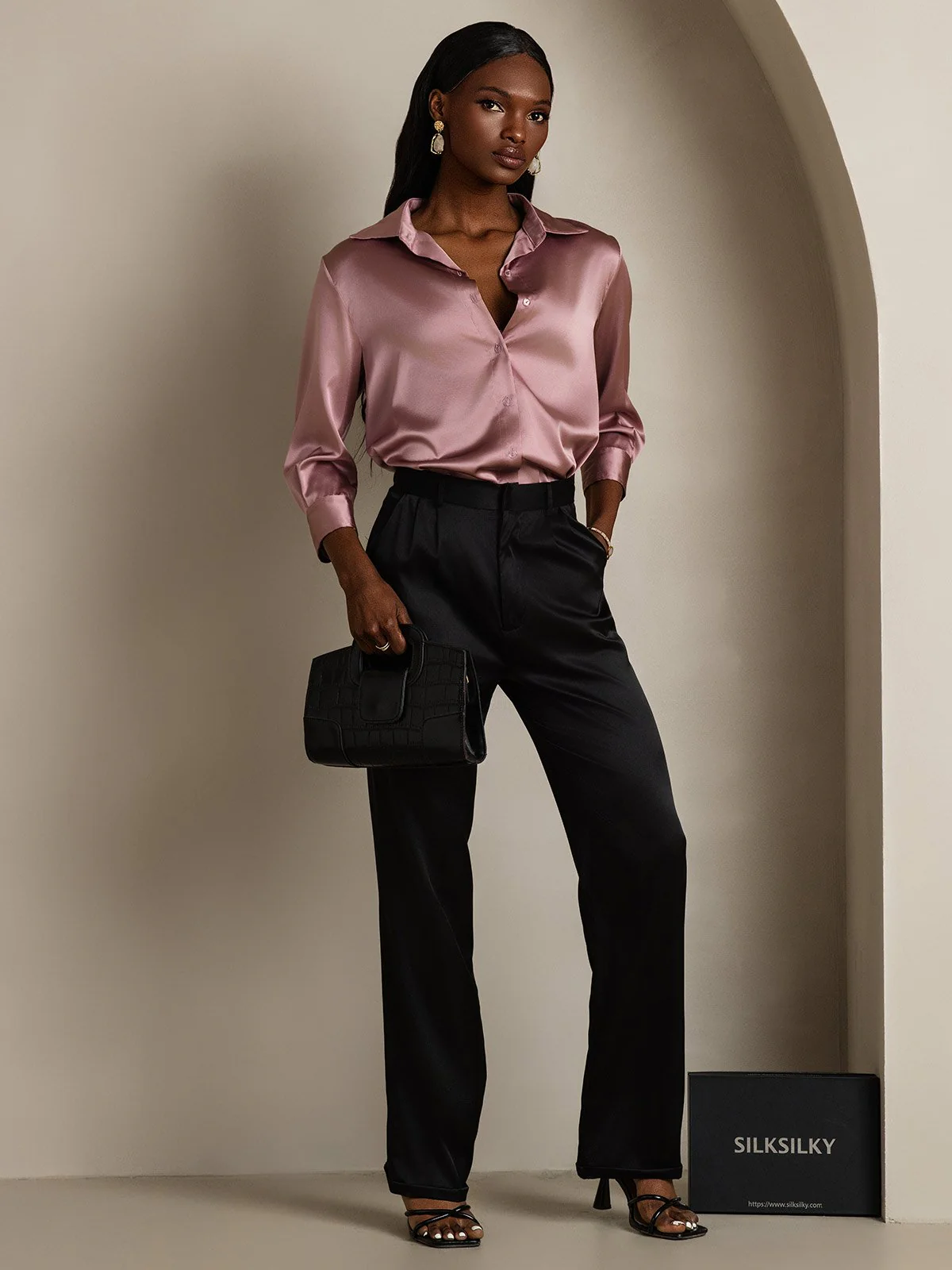 19Momme Silk 3/4 Sleeve Lapel Collar Women's Shirt with Button Up Design - Image 14