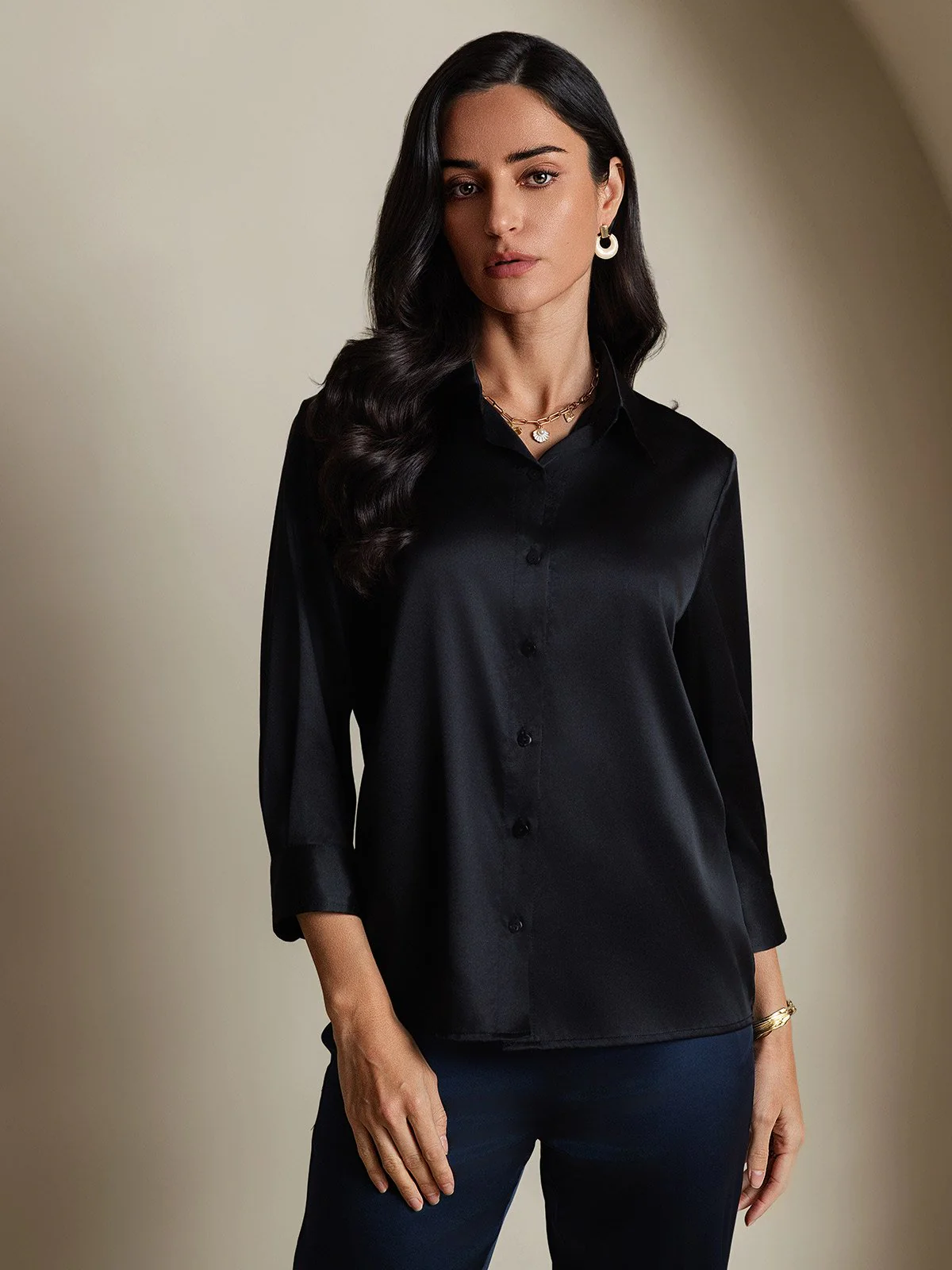 19Momme Silk 3/4 Sleeve Lapel Collar Women's Shirt with Button Up Design - Image 16
