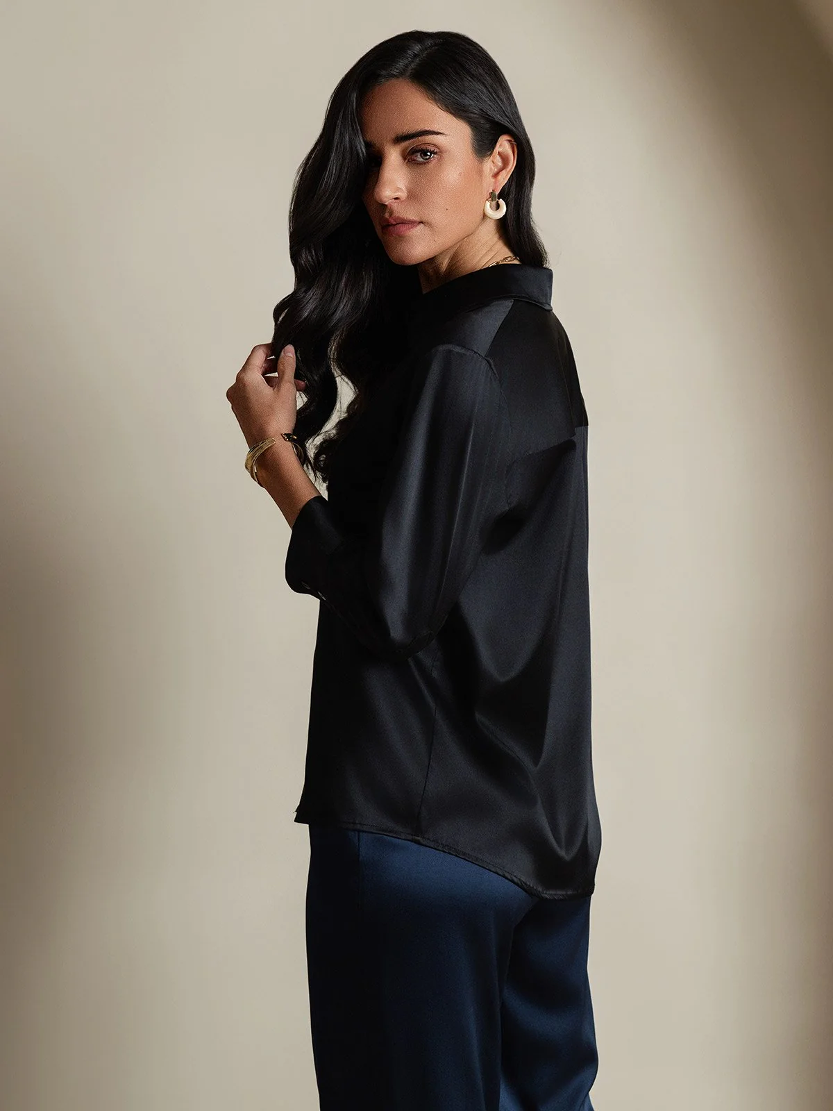 19Momme Silk 3/4 Sleeve Lapel Collar Women's Shirt with Button Up Design - Image 17