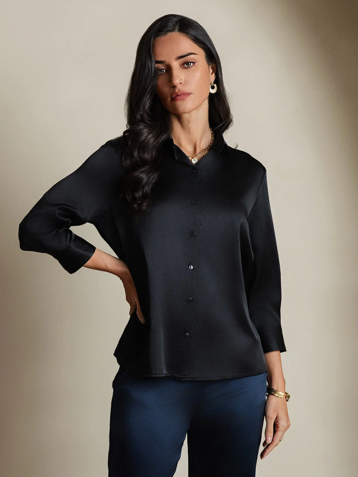 19Momme Silk 3/4 Sleeve Lapel Collar Women's Shirt with Button Up Design - Image 19