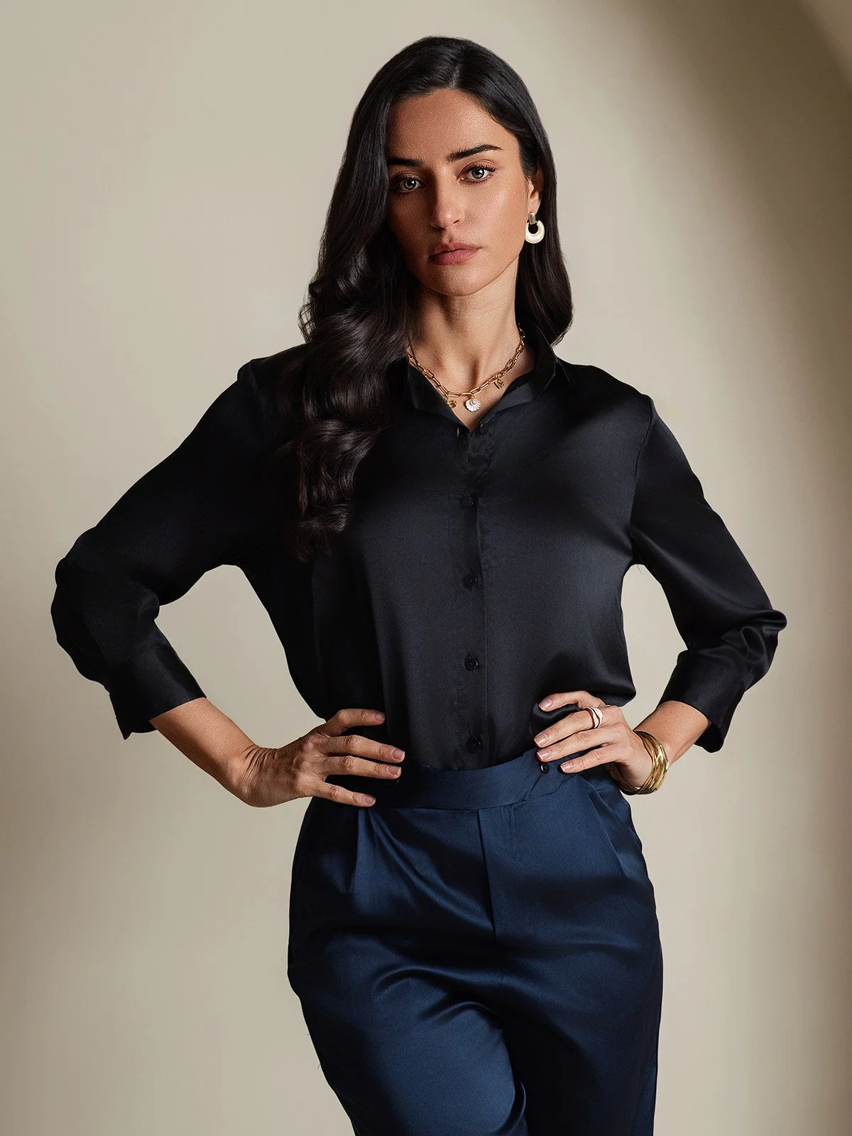 19Momme Silk 3/4 Sleeve Lapel Collar Women's Shirt with Button Up Design - Image 20