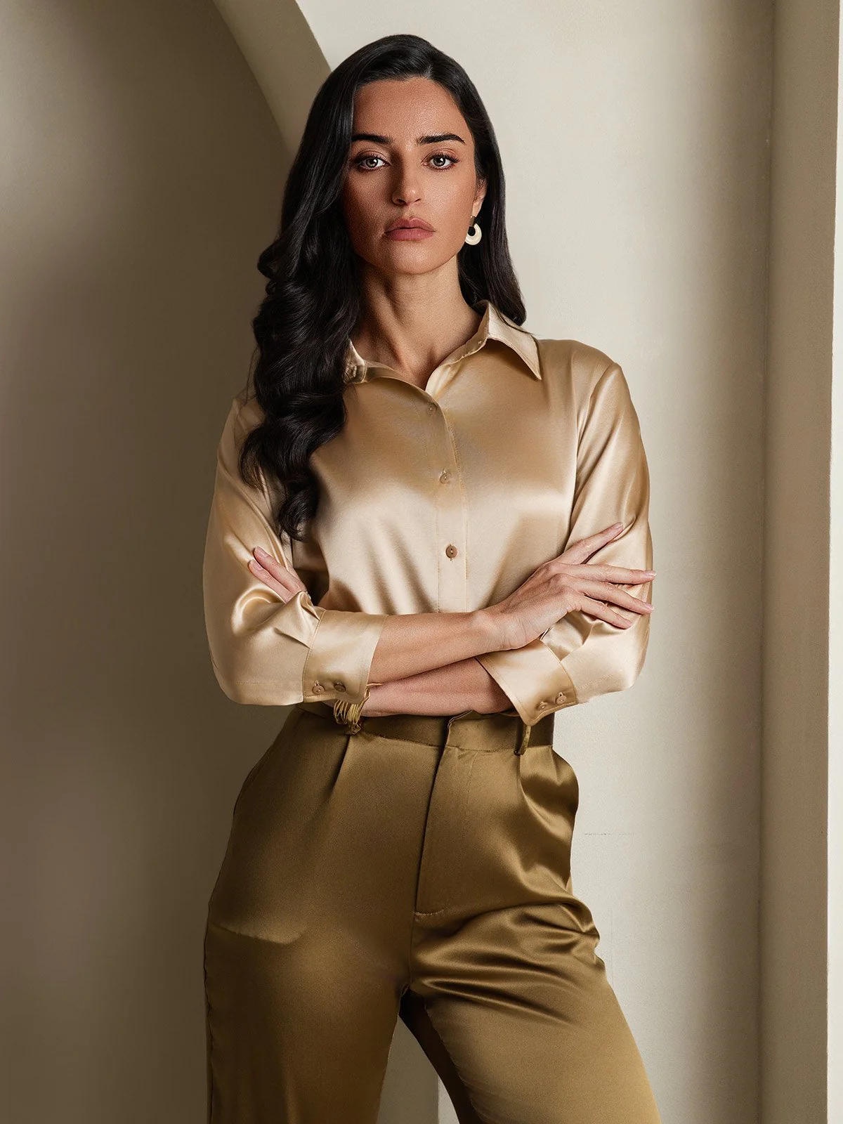 19Momme Silk 3/4 Sleeve Lapel Collar Women's Shirt with Button Up Design - Image 24