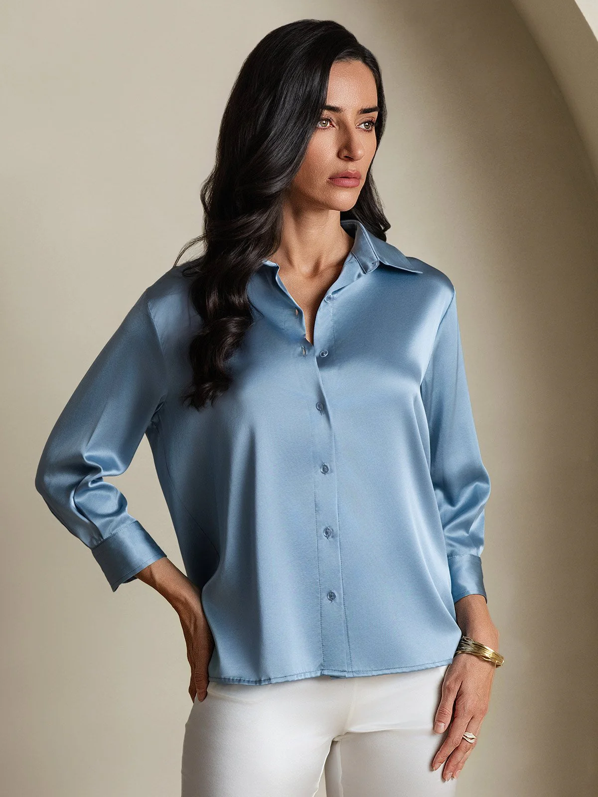 19Momme Silk 3/4 Sleeve Lapel Collar Women's Shirt with Button Up Design - Image 3