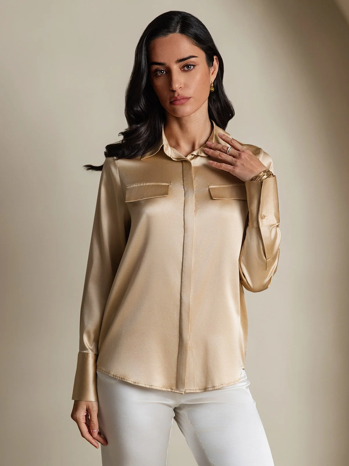 Clearance(Ships to UK Only) - Women's 19Momme Silk Long Sleeve Lapel Collar Military Shirt - Image 4