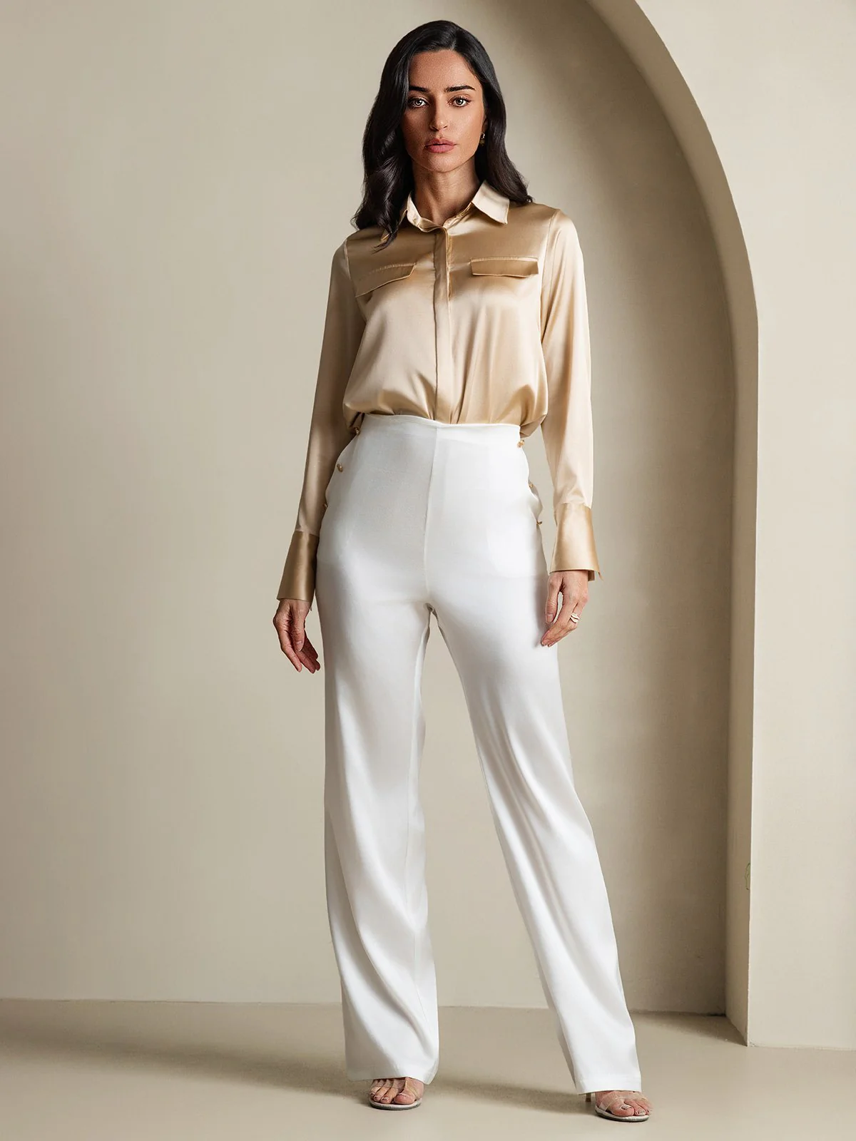 Clearance(Ships to UK Only) - Women's 19Momme Silk Long Sleeve Lapel Collar Military Shirt - Image 7