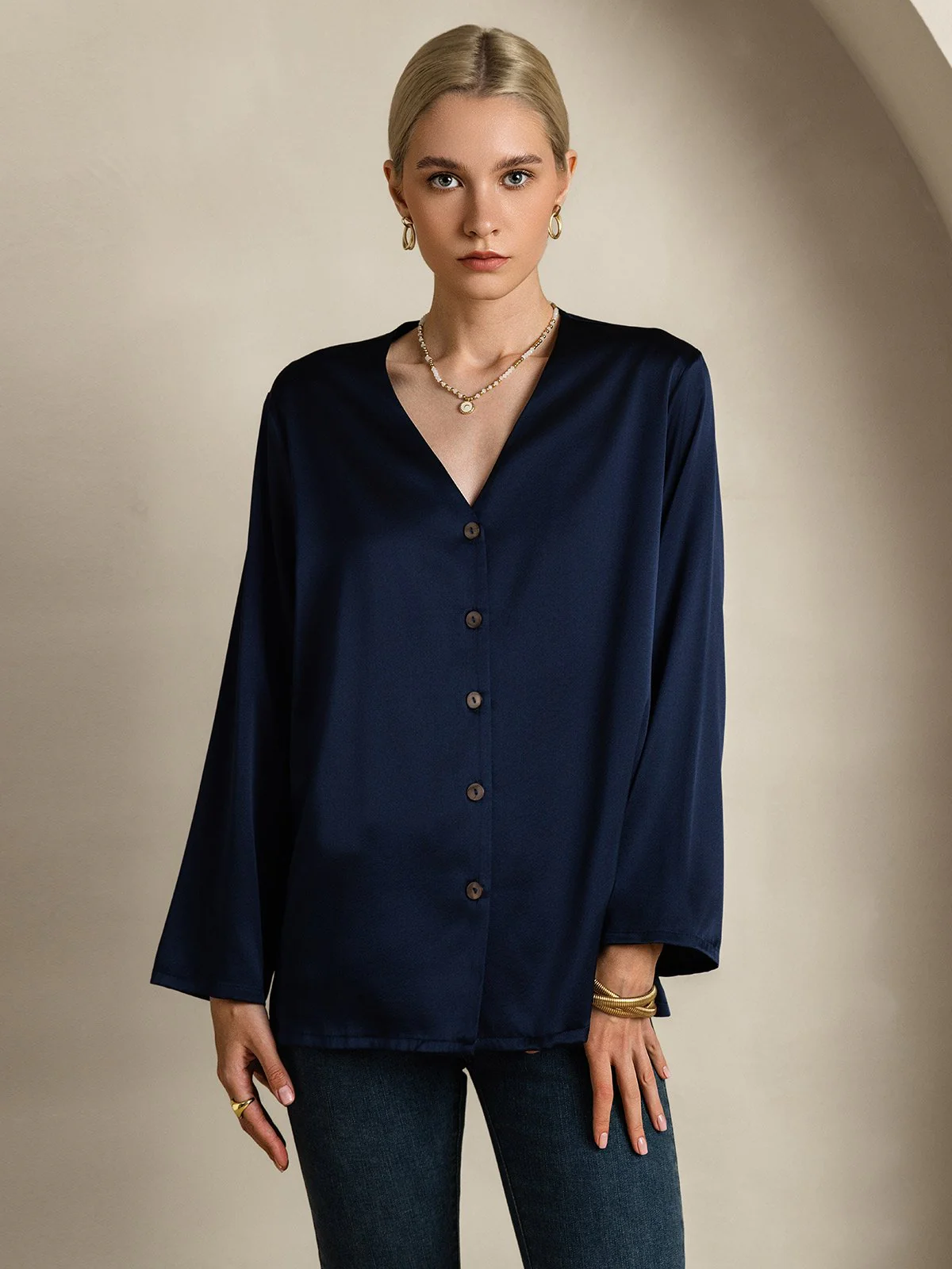 Clearance(Ships to UK Only) - 19Momme Silk Long Sleeve V-Neck Blouse - Image 3