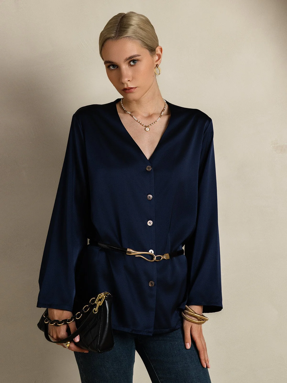 Clearance(Ships to UK Only) - 19Momme Silk Long Sleeve V-Neck Blouse - Image 4