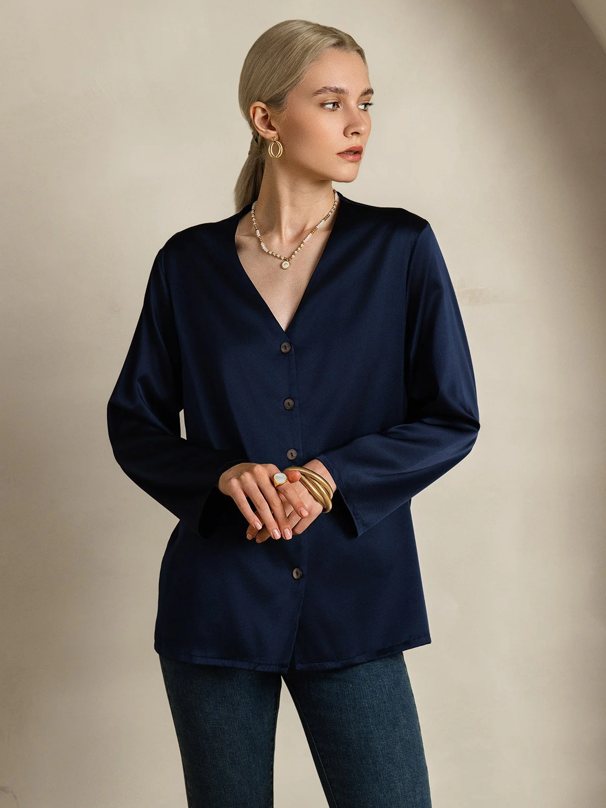 Clearance(Ships to UK Only) - 19Momme Silk Long Sleeve V-Neck Blouse - Image 5