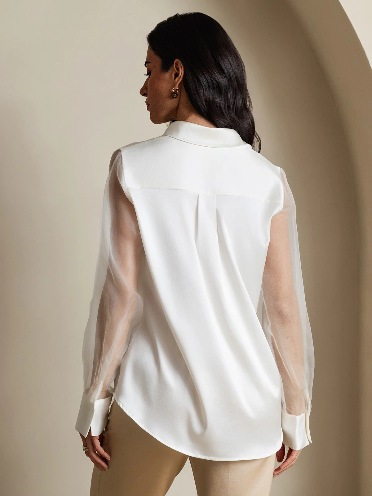 Women's 19Momme Silk Sheer Sleeve Lapel Collar Shirt - Image 11