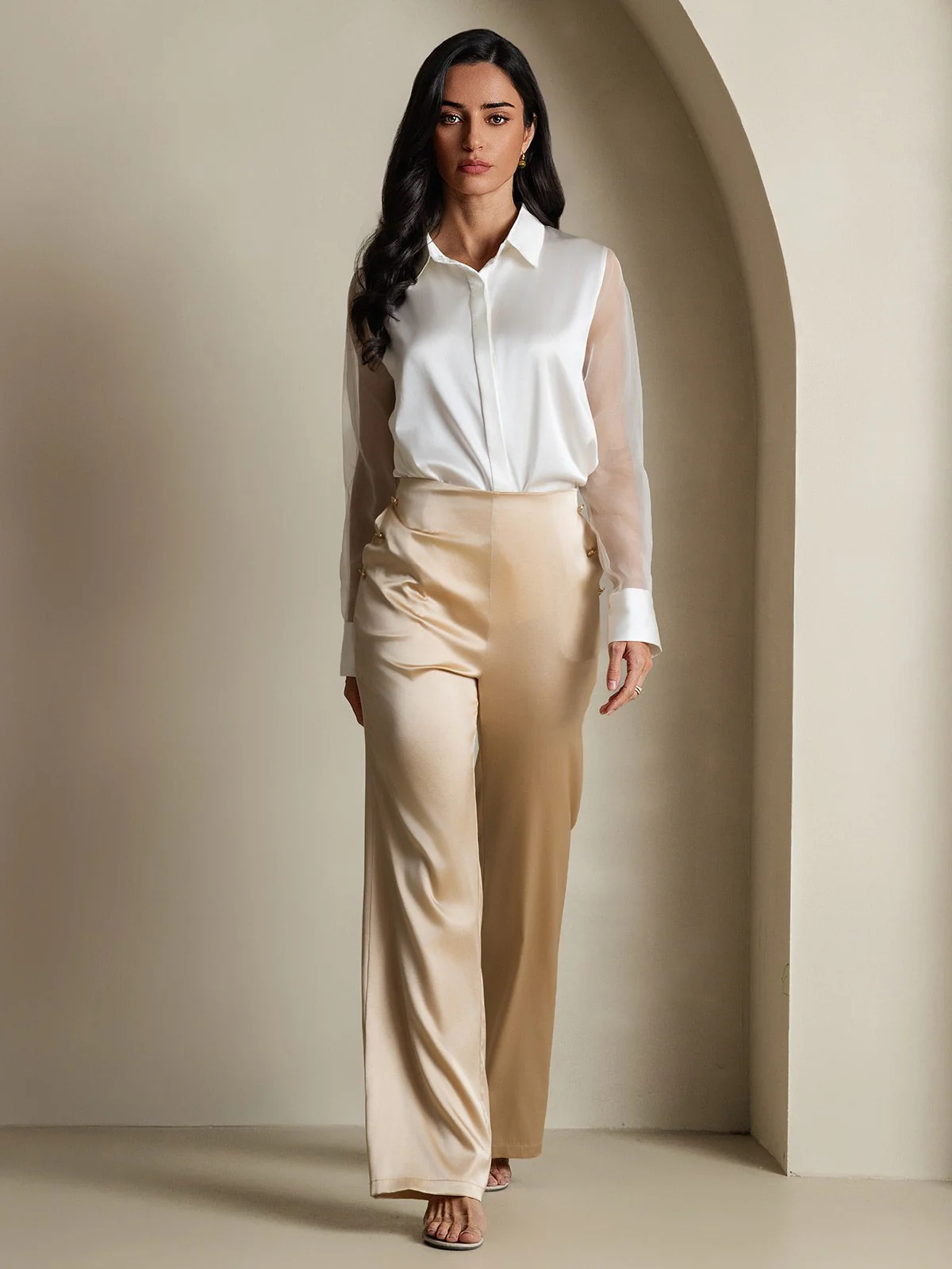 Women's 19Momme Silk Sheer Sleeve Lapel Collar Shirt - Image 15
