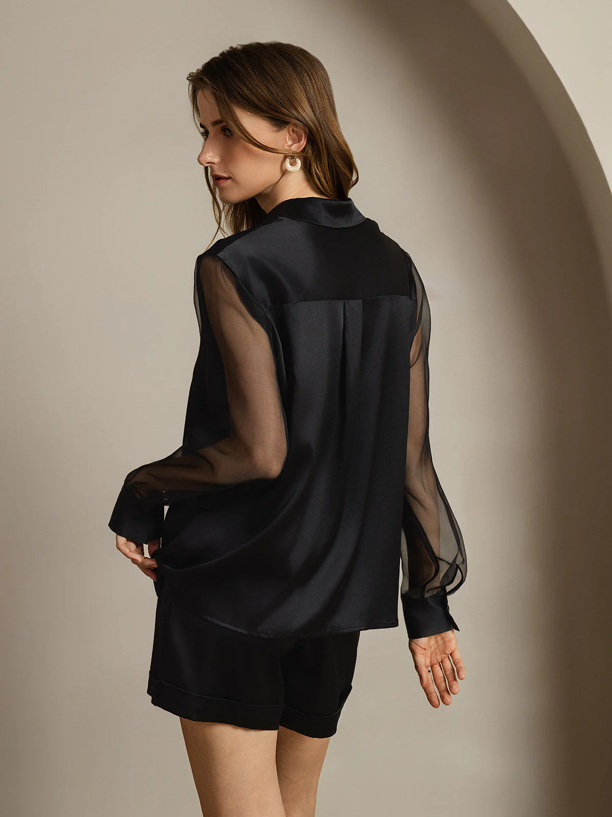 Women's 19Momme Silk Sheer Sleeve Lapel Collar Shirt - Image 2