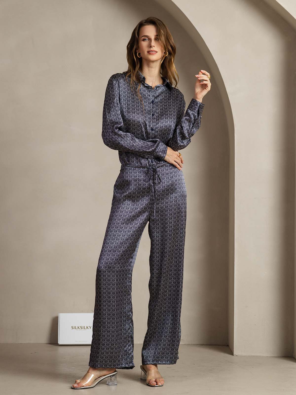 19Momme Silk Navy Ginkgo Print Wide Leg Women's Pants With Side Pockets Design - Image 3
