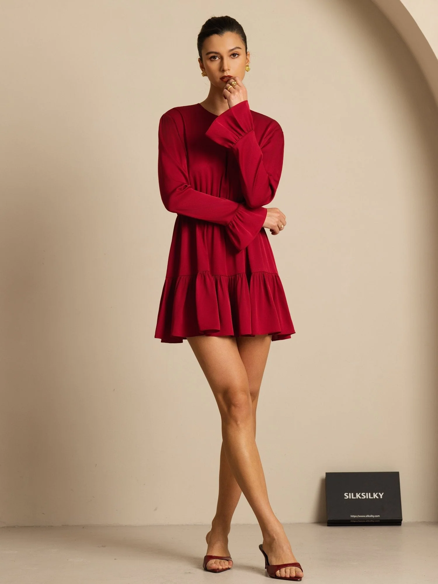 19Momme Silk Ruffle Sleeves Short A-Line Flowy Dress