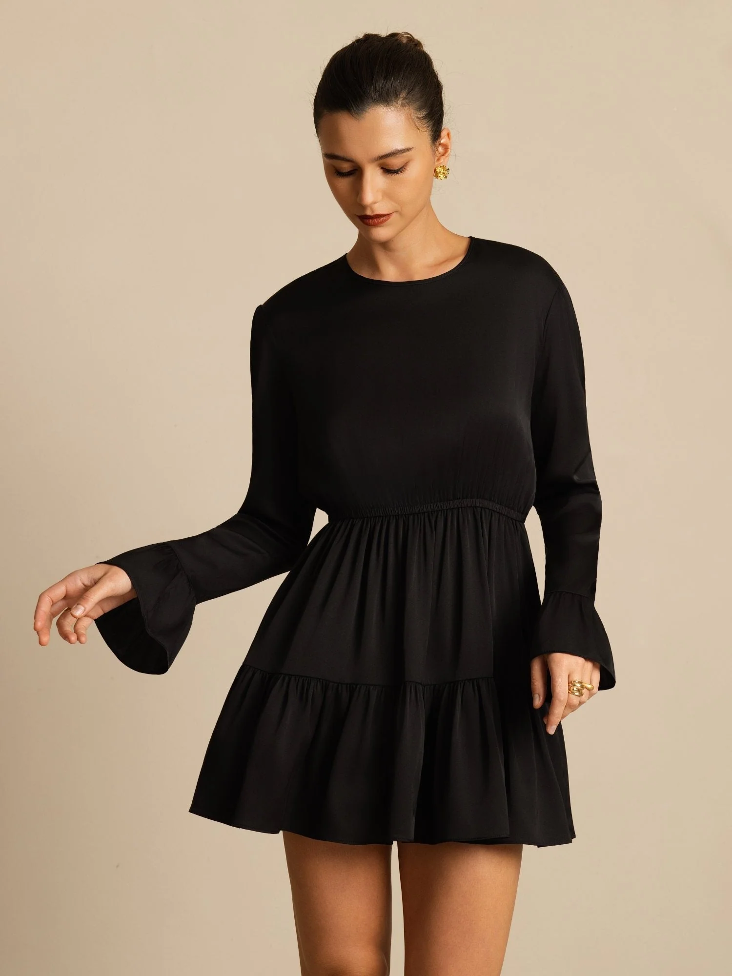 19Momme Silk Ruffle Sleeves Short A-Line Flowy Dress - Image 13