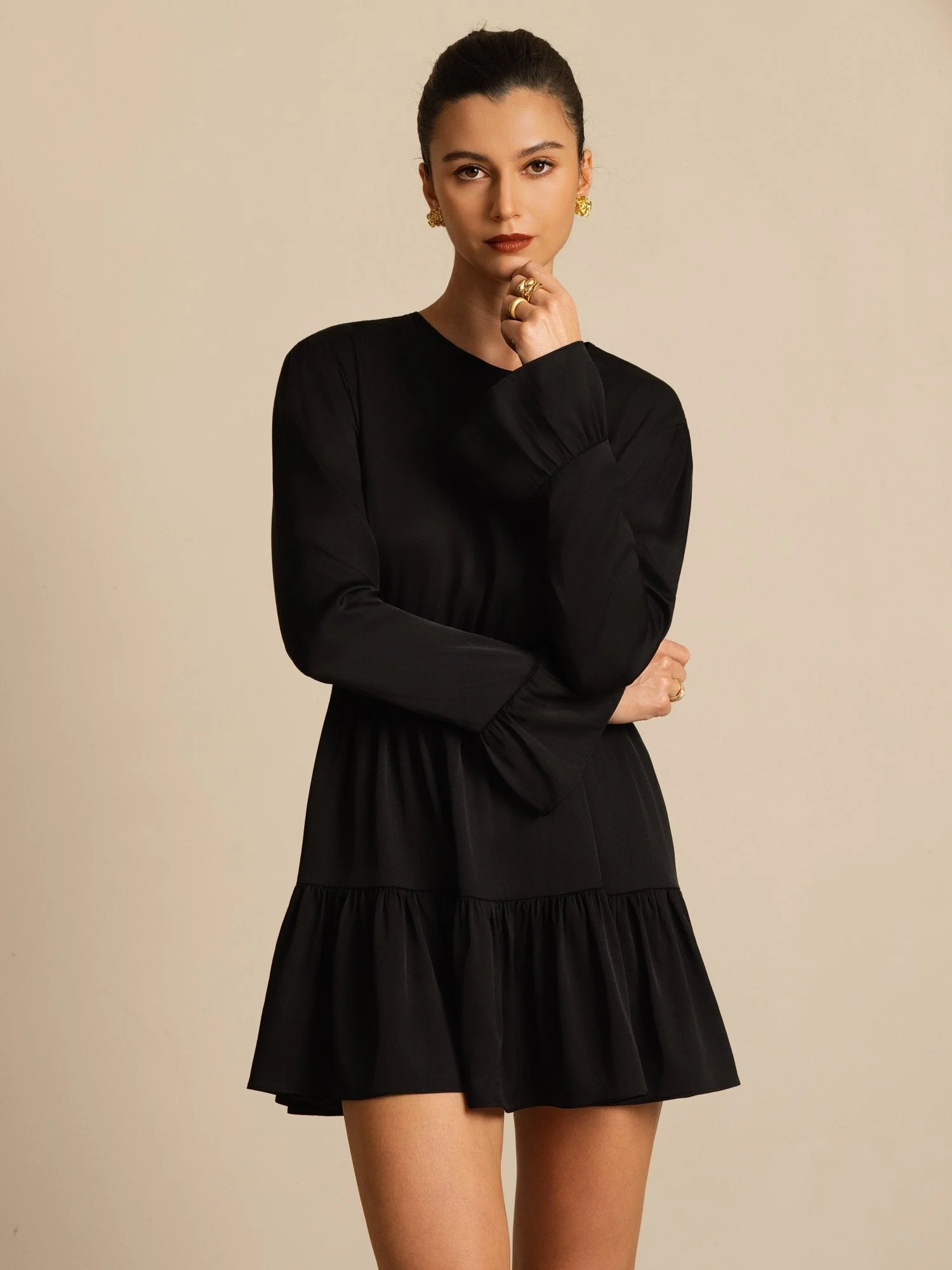 19Momme Silk Ruffle Sleeves Short A-Line Flowy Dress - Image 14