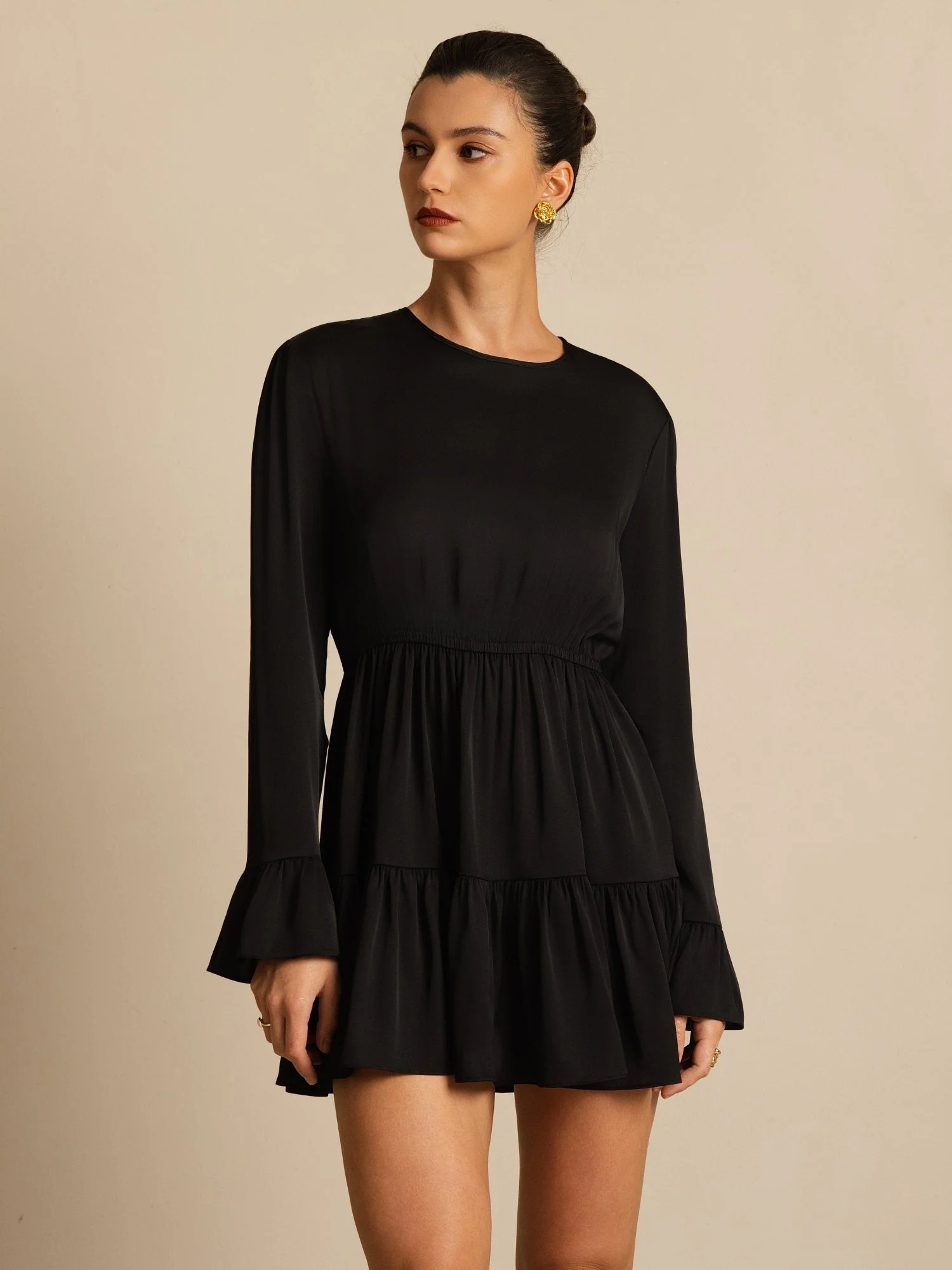 19Momme Silk Ruffle Sleeves Short A-Line Flowy Dress - Image 15