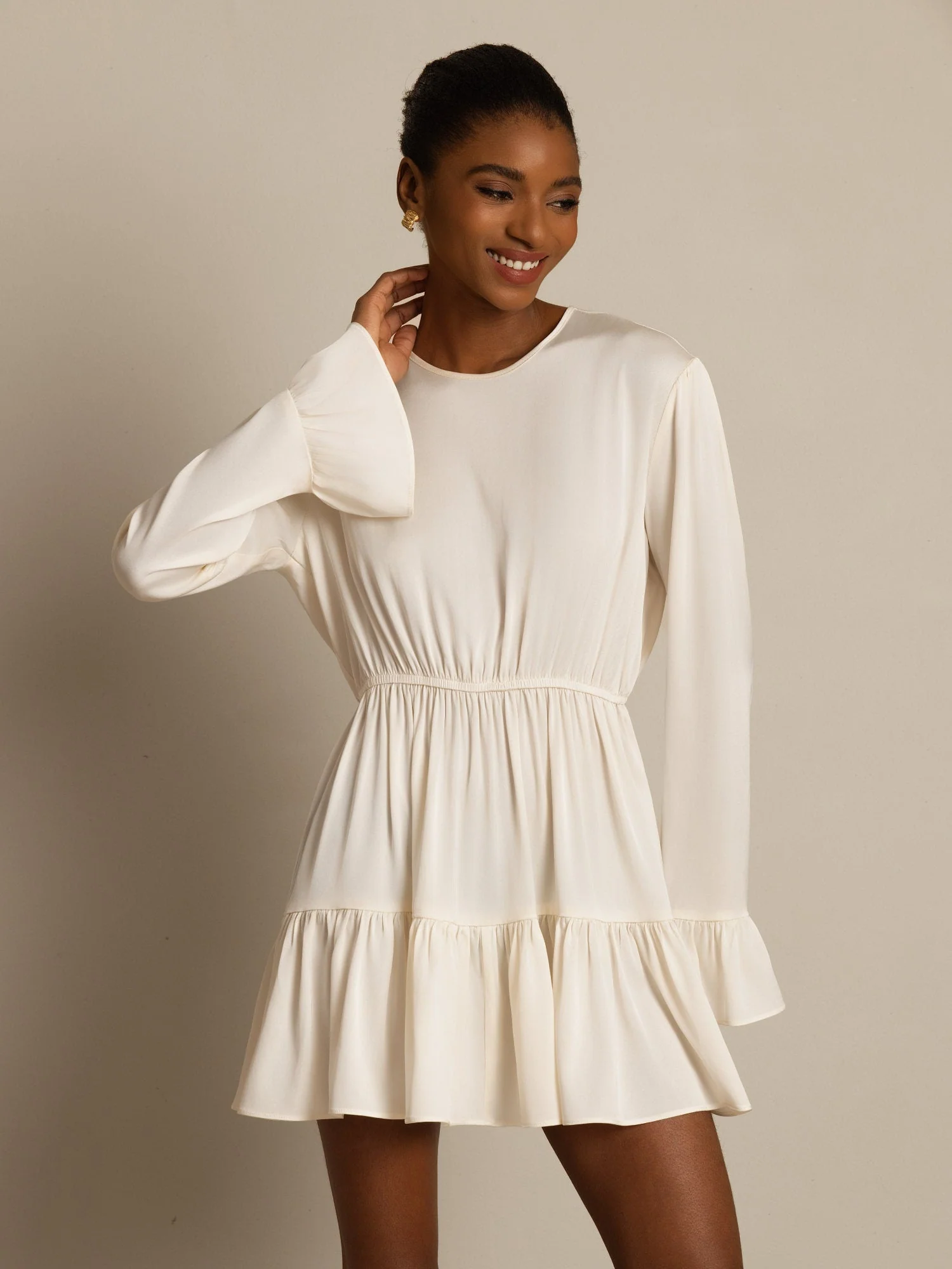 19Momme Silk Ruffle Sleeves Short A-Line Flowy Dress - Image 19