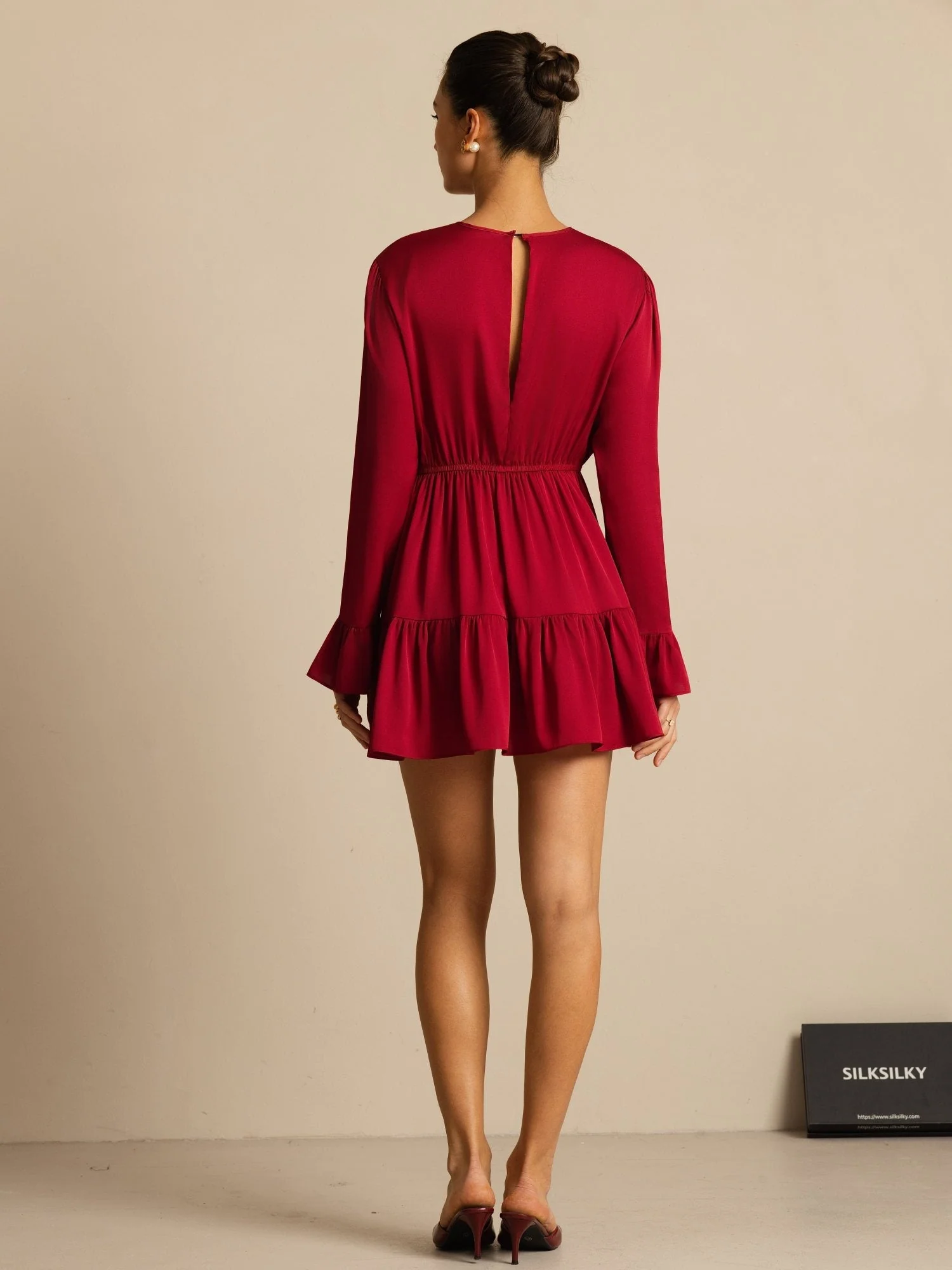 19Momme Silk Ruffle Sleeves Short A-Line Flowy Dress - Image 2