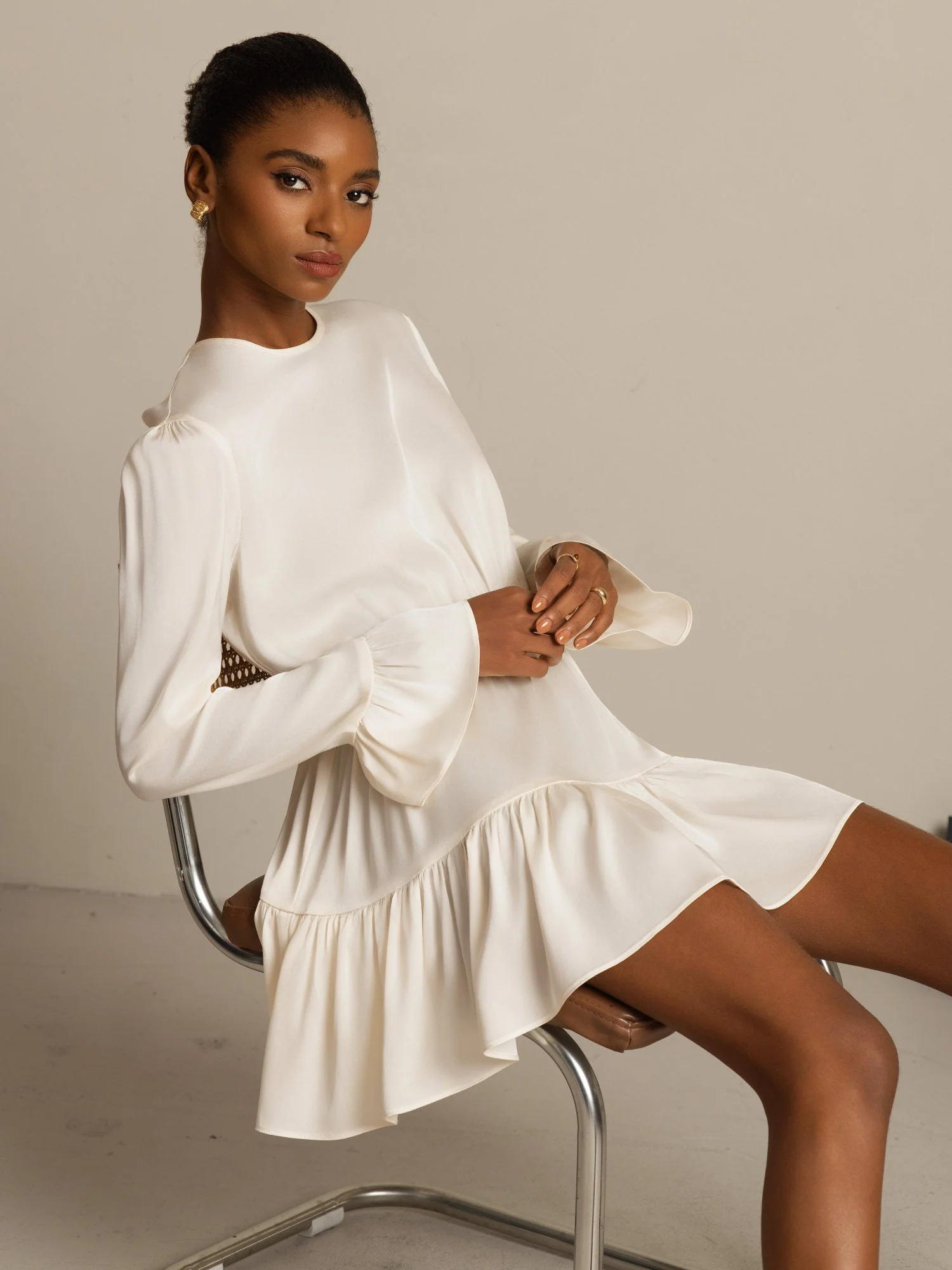 19Momme Silk Ruffle Sleeves Short A-Line Flowy Dress - Image 22