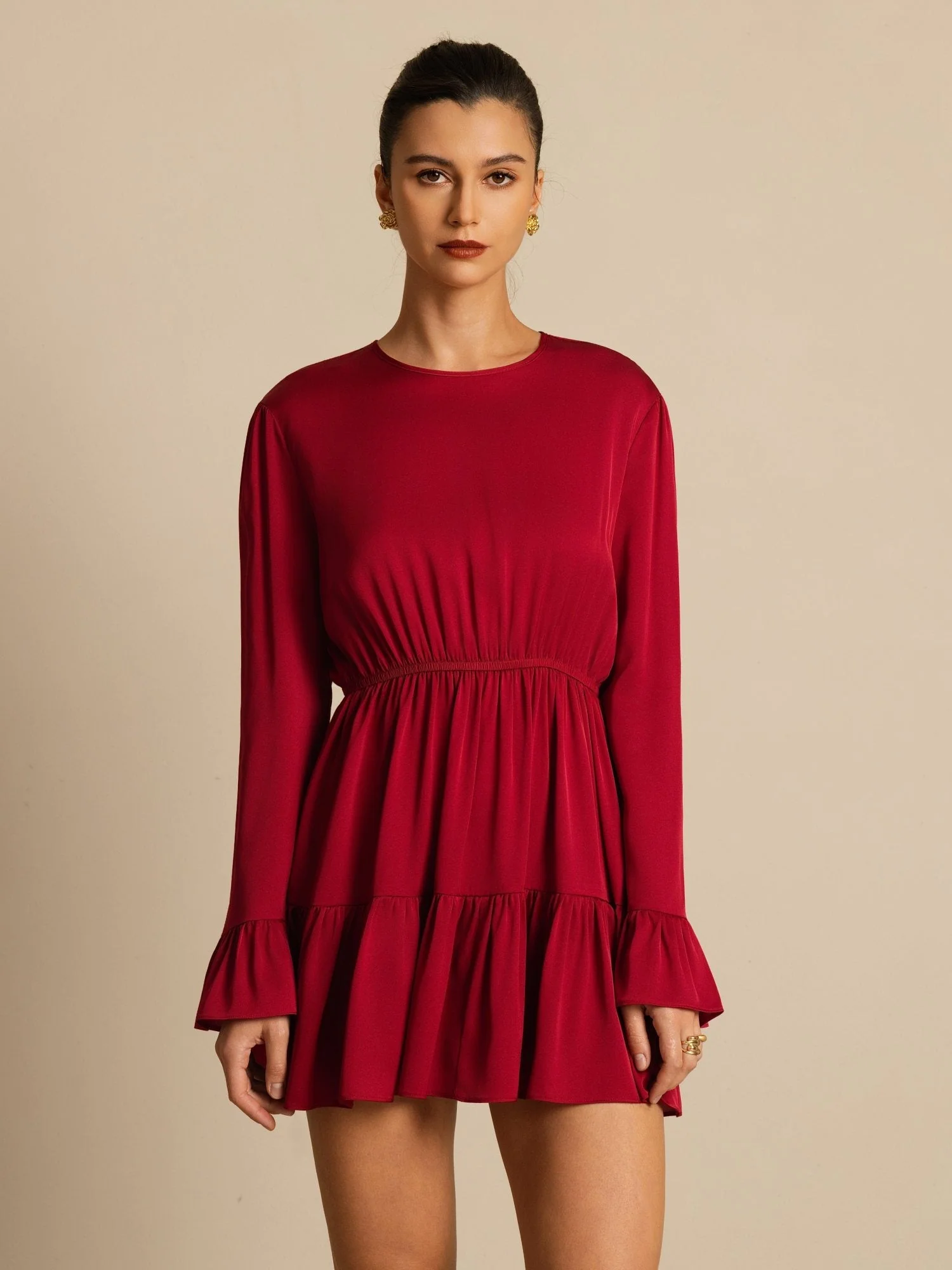 19Momme Silk Ruffle Sleeves Short A-Line Flowy Dress - Image 5