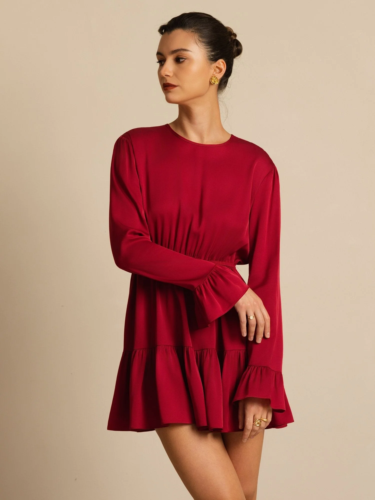 19Momme Silk Ruffle Sleeves Short A-Line Flowy Dress - Image 8