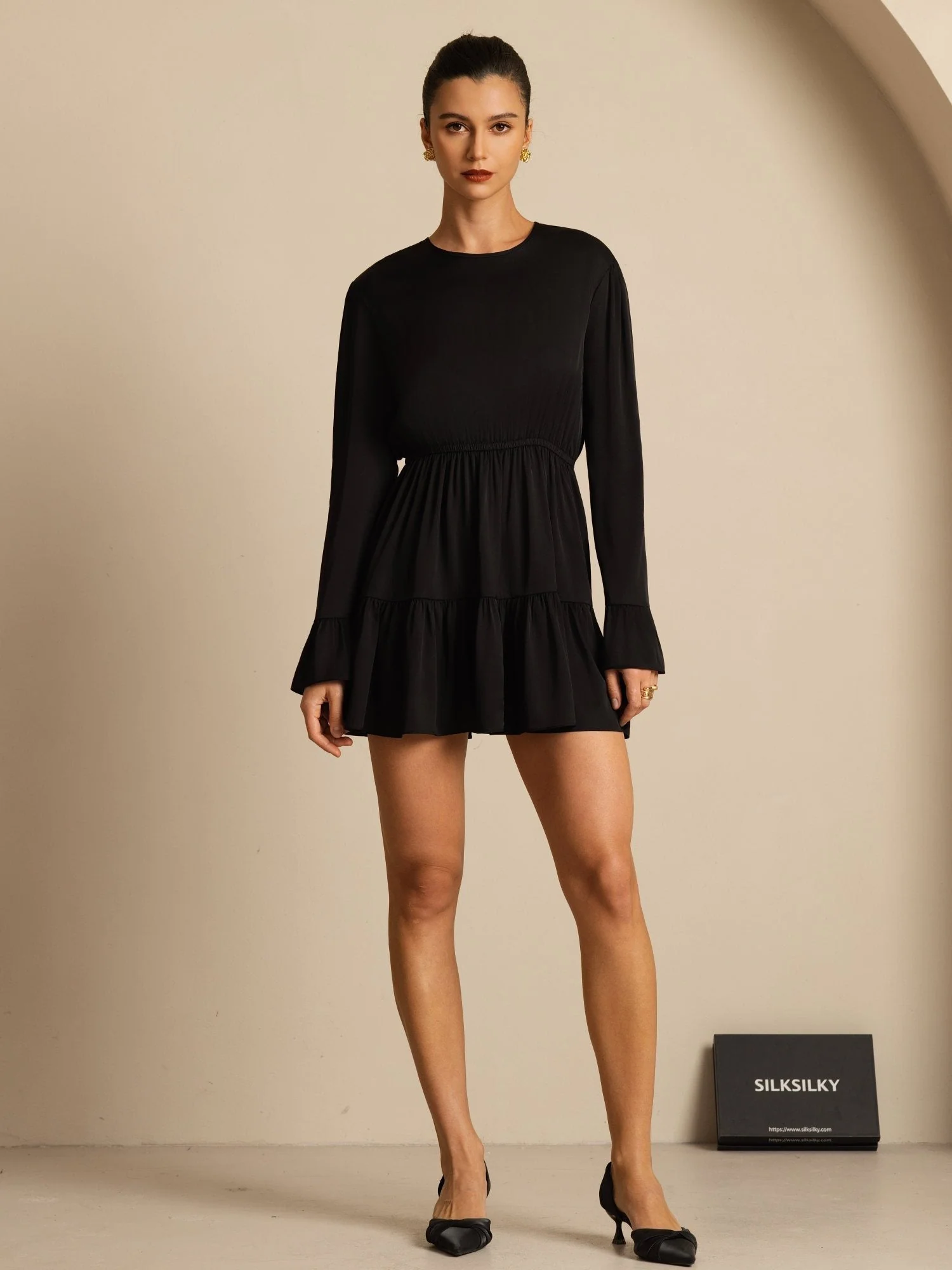 19Momme Silk Ruffle Sleeves Short A-Line Flowy Dress - Image 9