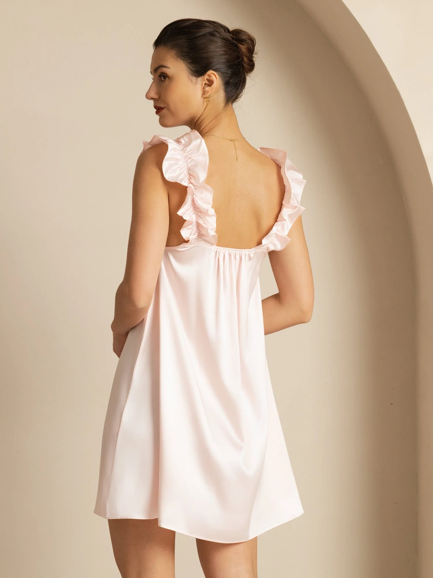 19Momme Silk Ruffle Strap Square Neck  Babydoll A-Line Short Dress - Image 2