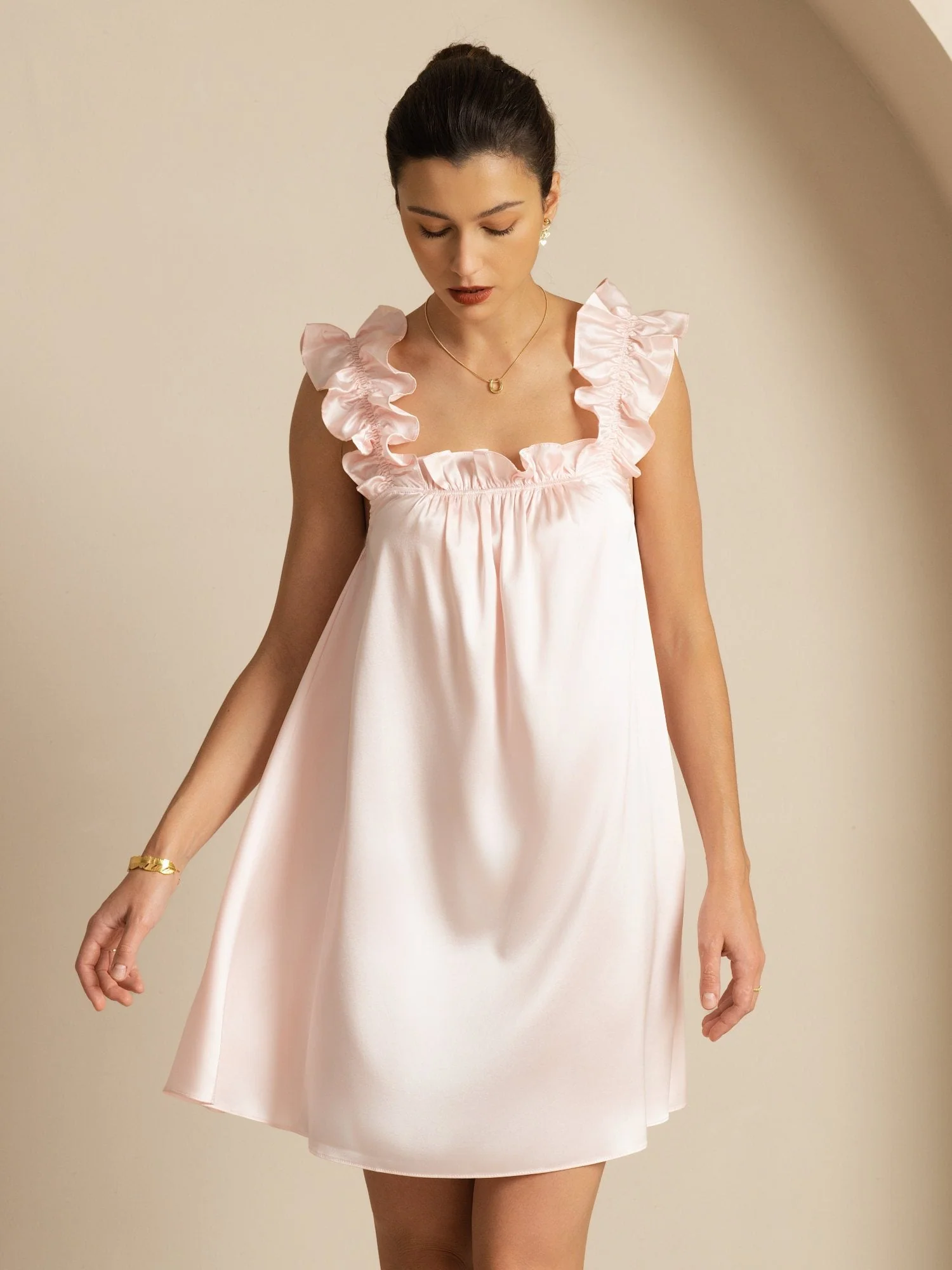 19Momme Silk Ruffle Strap Square Neck  Babydoll A-Line Short Dress - Image 3