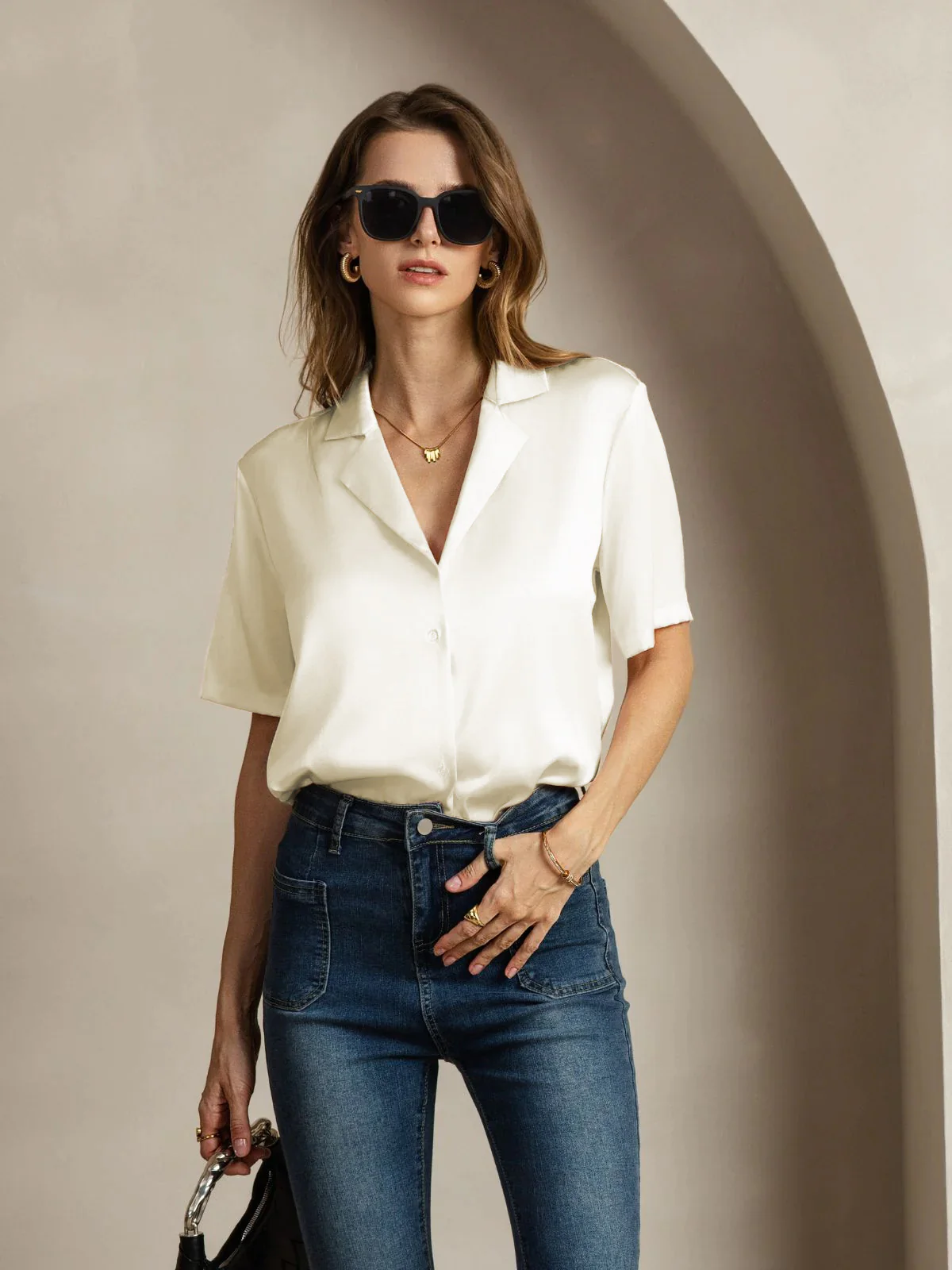 19Momme Silk Short Sleeve Notched Lapel Women's Shirt with Button Up Design - Image 12