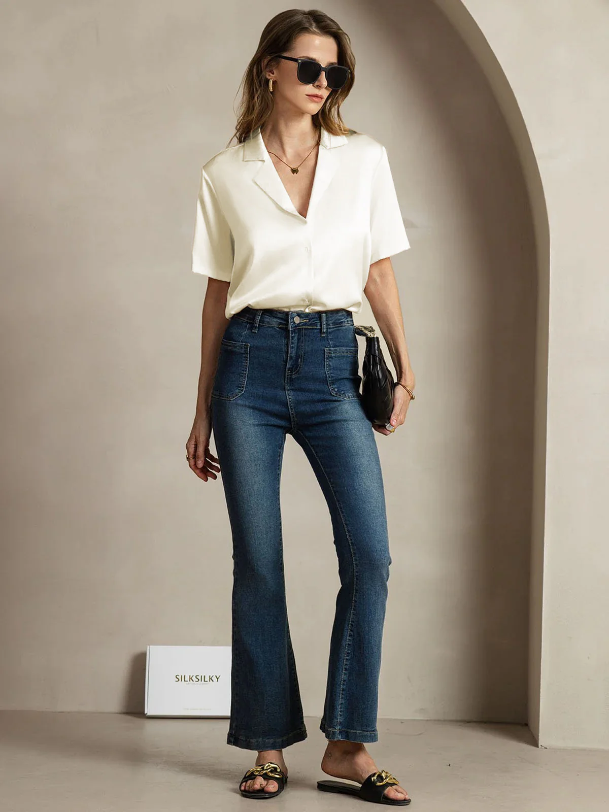 19Momme Silk Short Sleeve Notched Lapel Women's Shirt with Button Up Design - Image 14