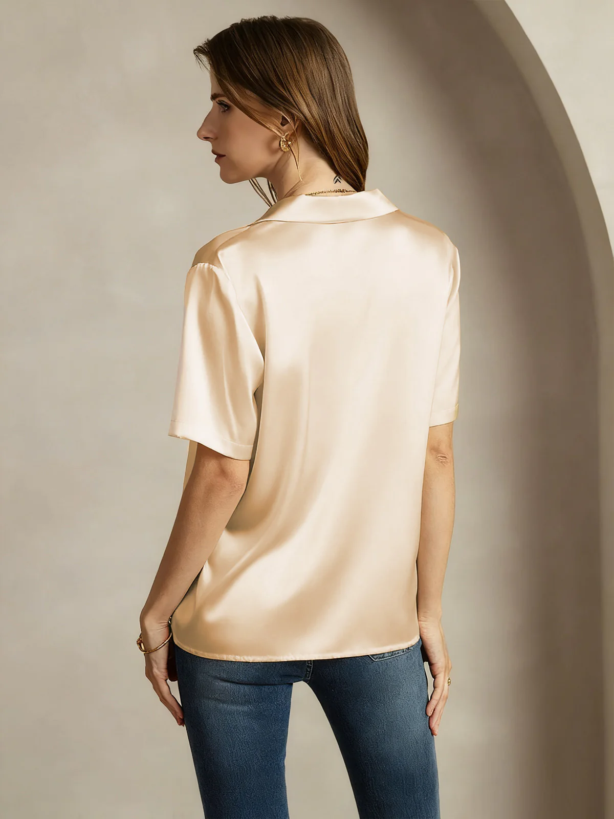 19Momme Silk Short Sleeve Notched Lapel Women's Shirt with Button Up Design - Image 16