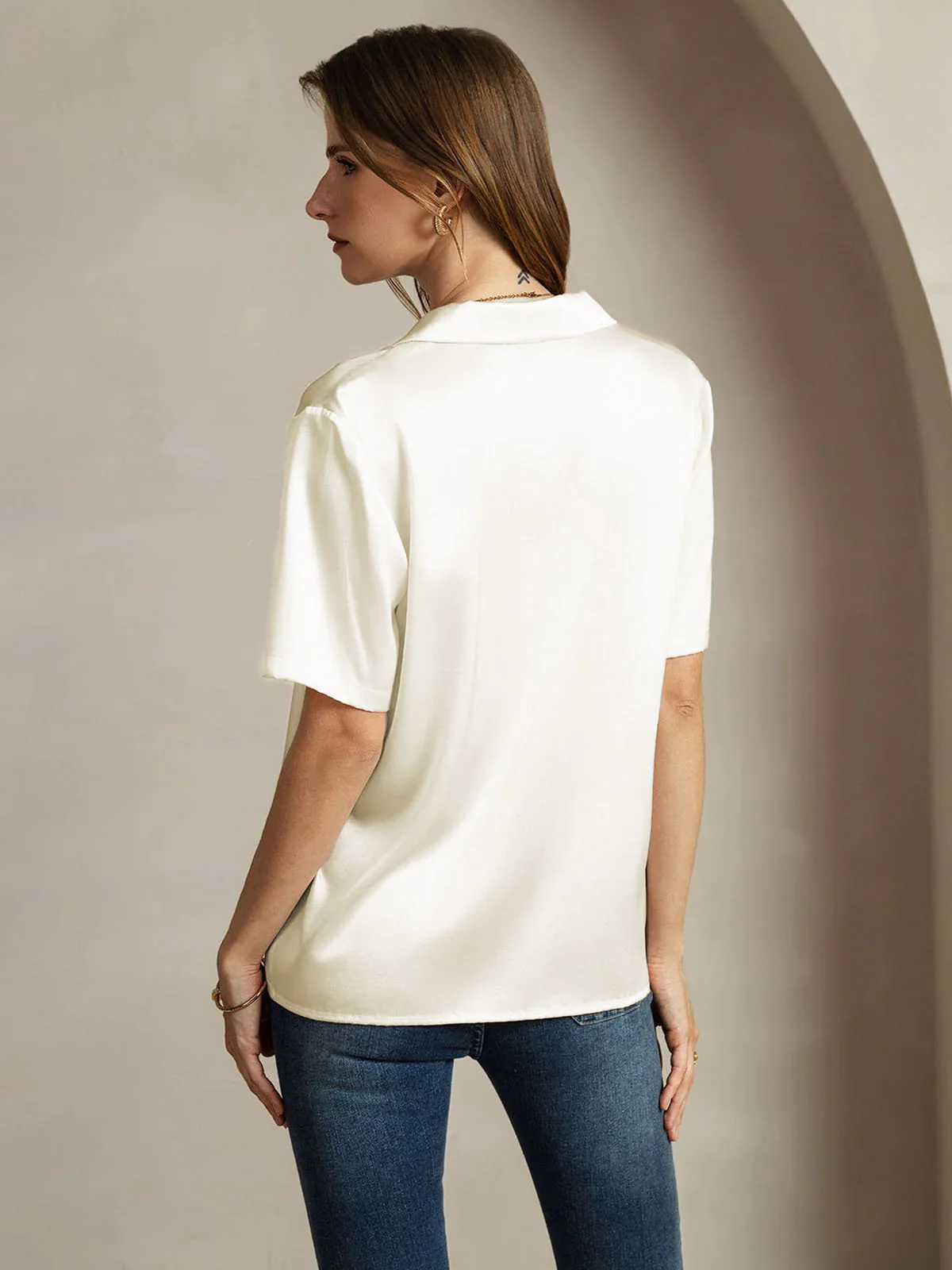 19Momme Silk Short Sleeve Notched Lapel Women's Shirt with Button Up Design - Image 9