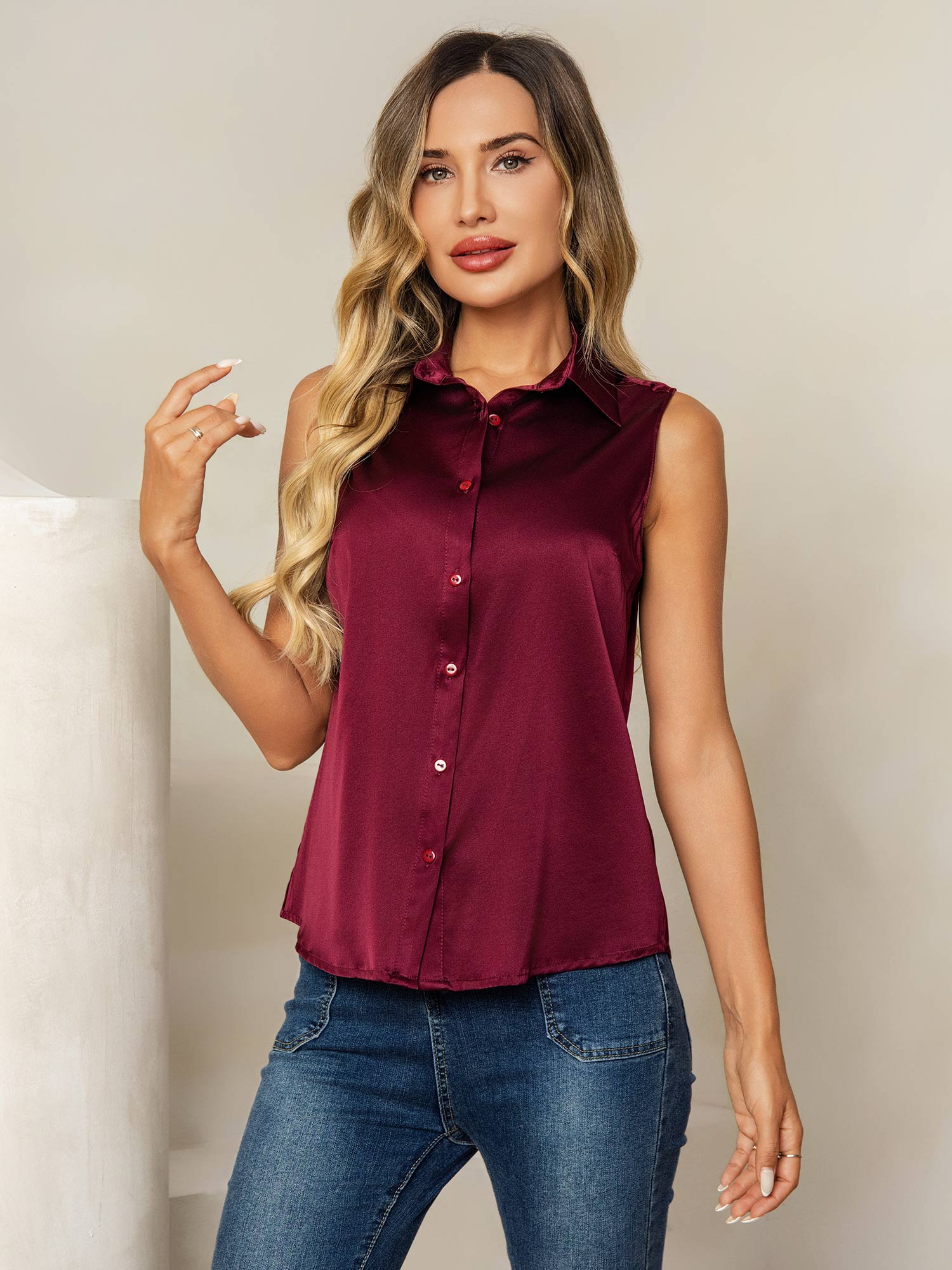 19Momme Silk Sleeveless Lapel Collar Women's Shirt with Button Up Design - Image 7