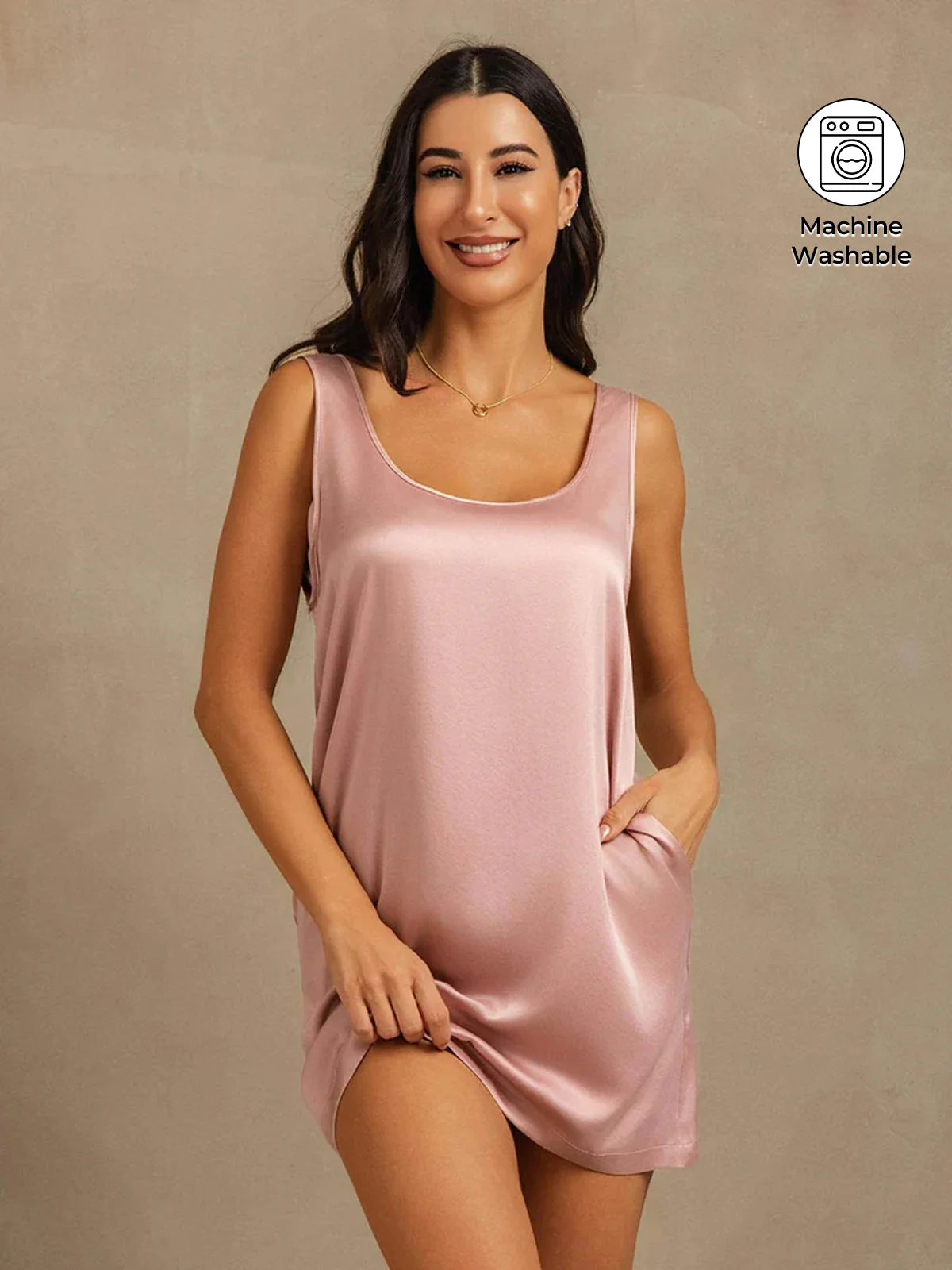 19Momme Washable Silk Sleeveless U Neck Short Nightdress with Side Pocket Design - Image 17