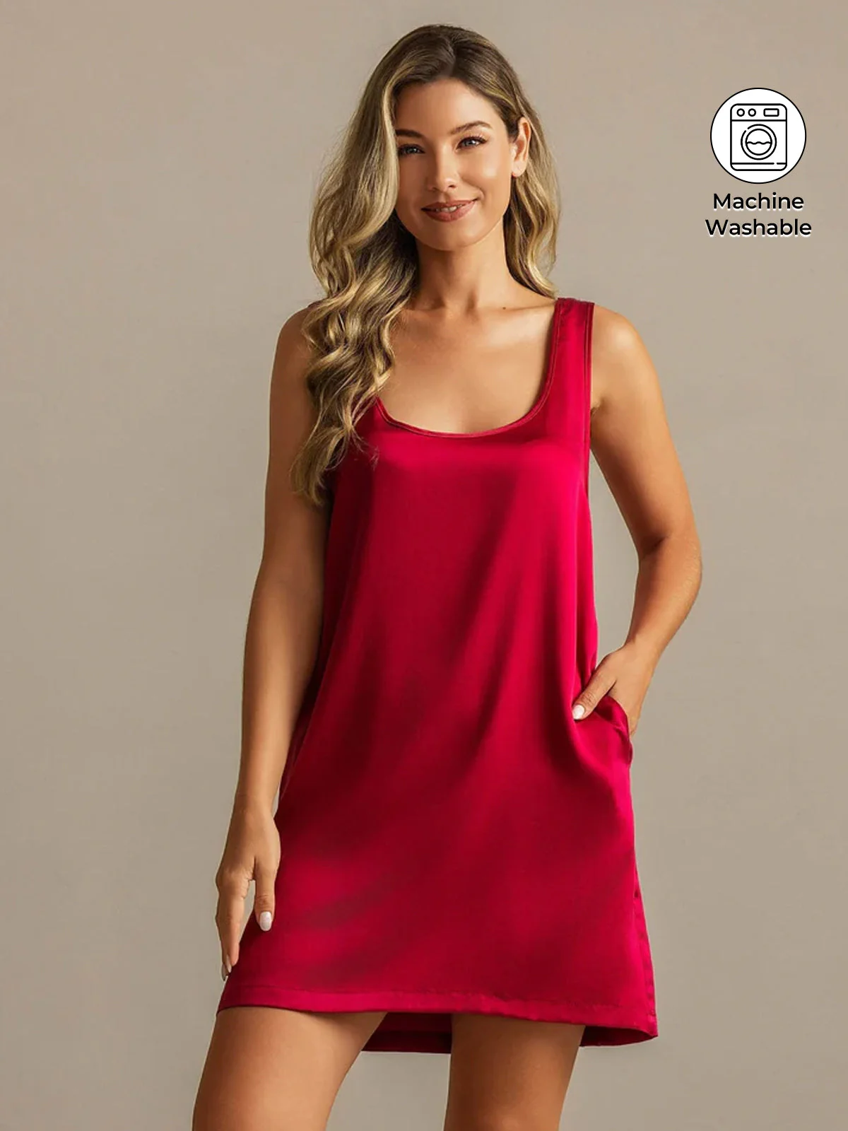 19Momme Washable Silk Sleeveless U Neck Short Nightdress with Side Pocket Design - Image 9