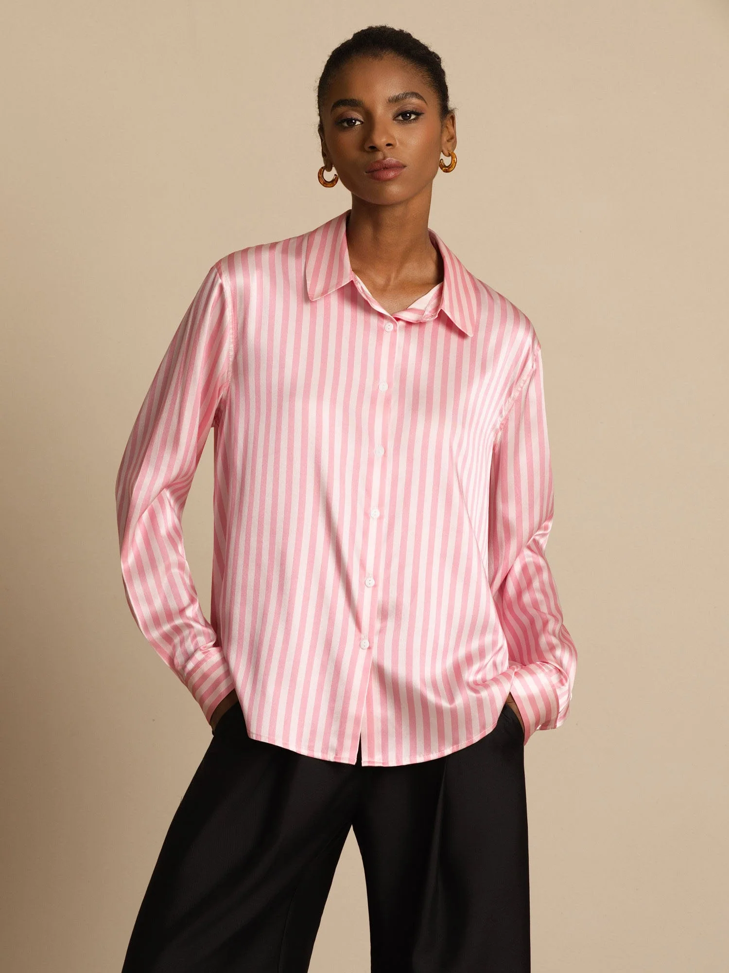 19Momme Silk Stripe Print Long Sleeve Lapel Collar Women's Shirt