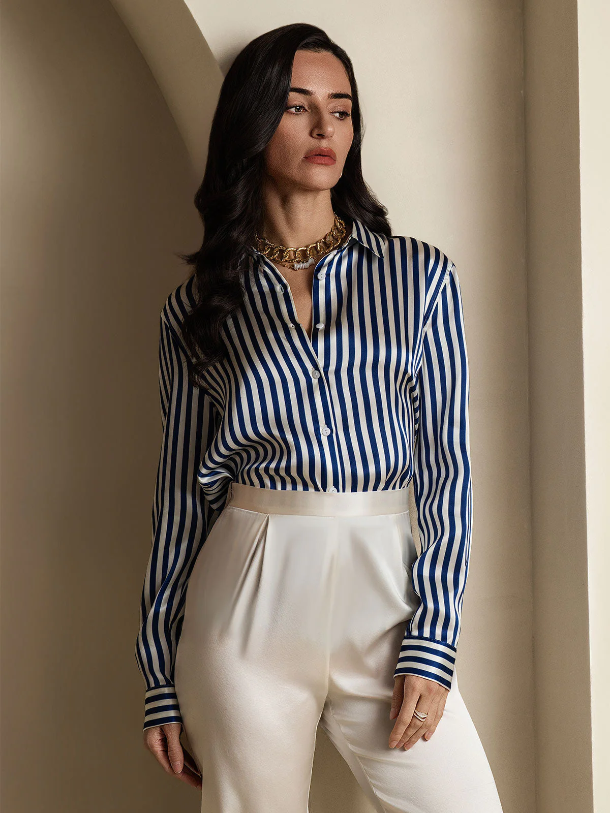 19Momme Silk Stripe Print Long Sleeve Lapel Collar Women's Shirt - Image 12