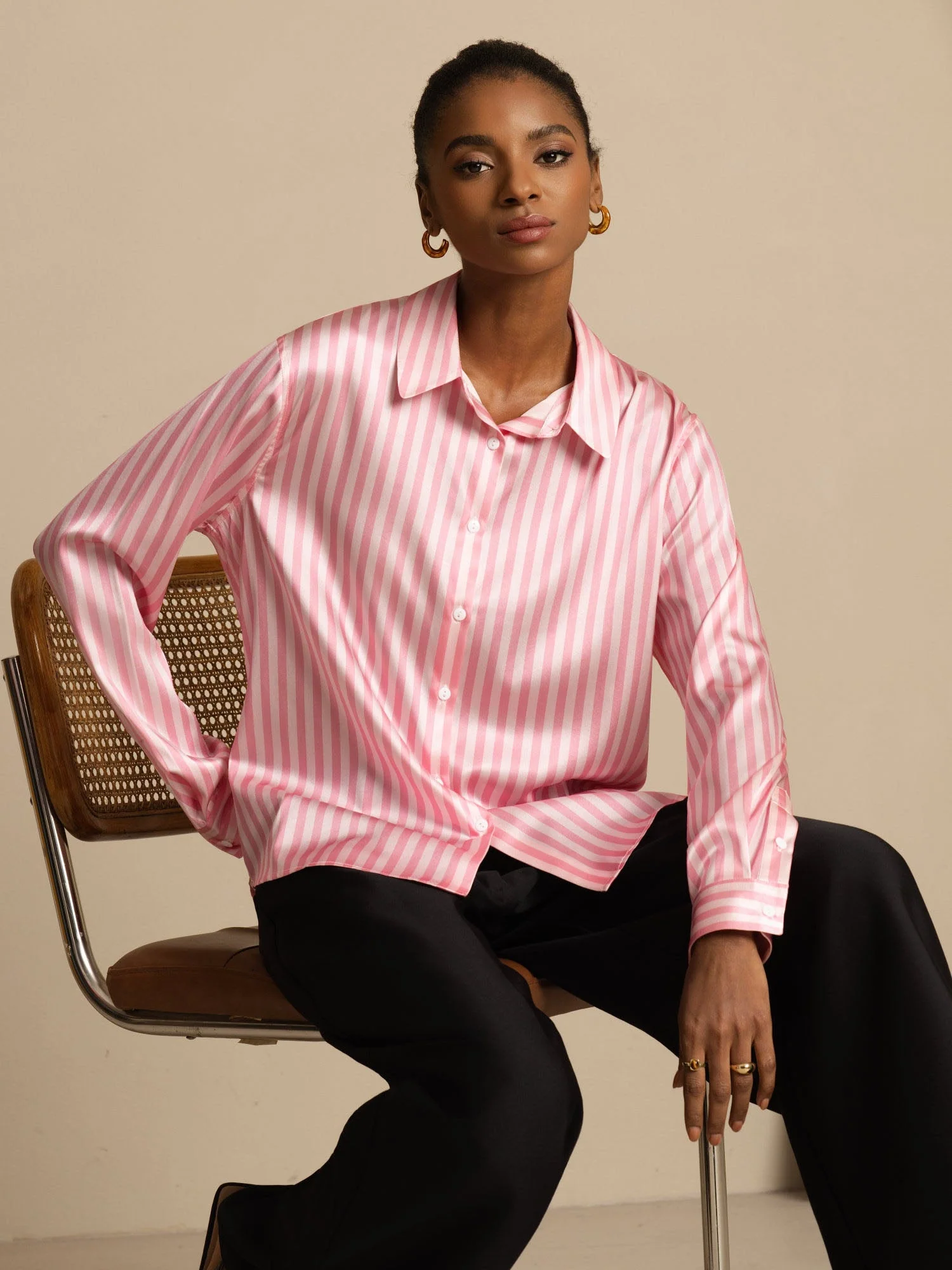 19Momme Silk Stripe Print Long Sleeve Lapel Collar Women's Shirt - Image 3