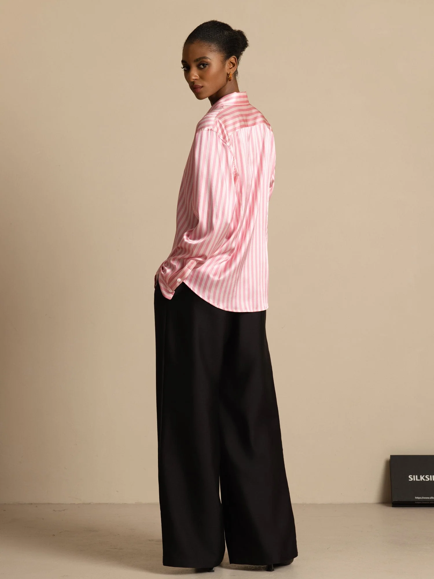 19Momme Silk Stripe Print Long Sleeve Lapel Collar Women's Shirt - Image 5