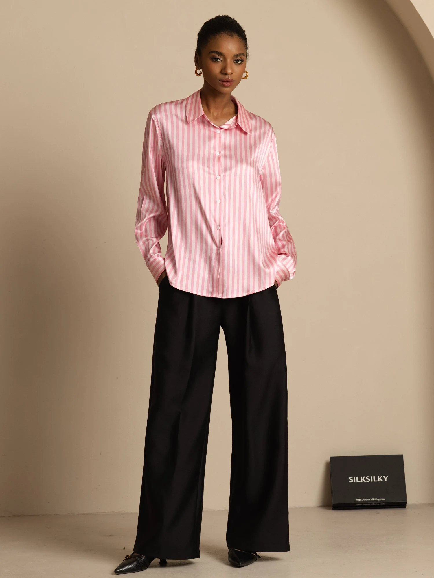 19Momme Silk Stripe Print Long Sleeve Lapel Collar Women's Shirt - Image 6