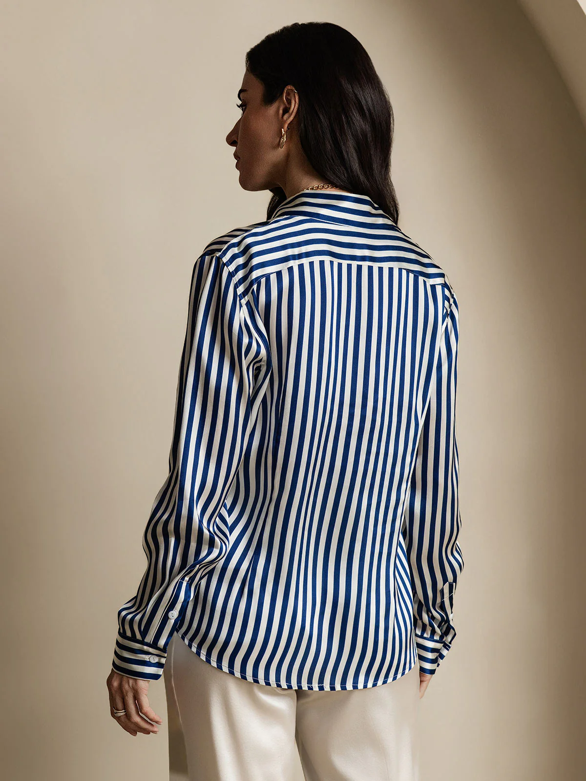 19Momme Silk Stripe Print Long Sleeve Lapel Collar Women's Shirt - Image 9