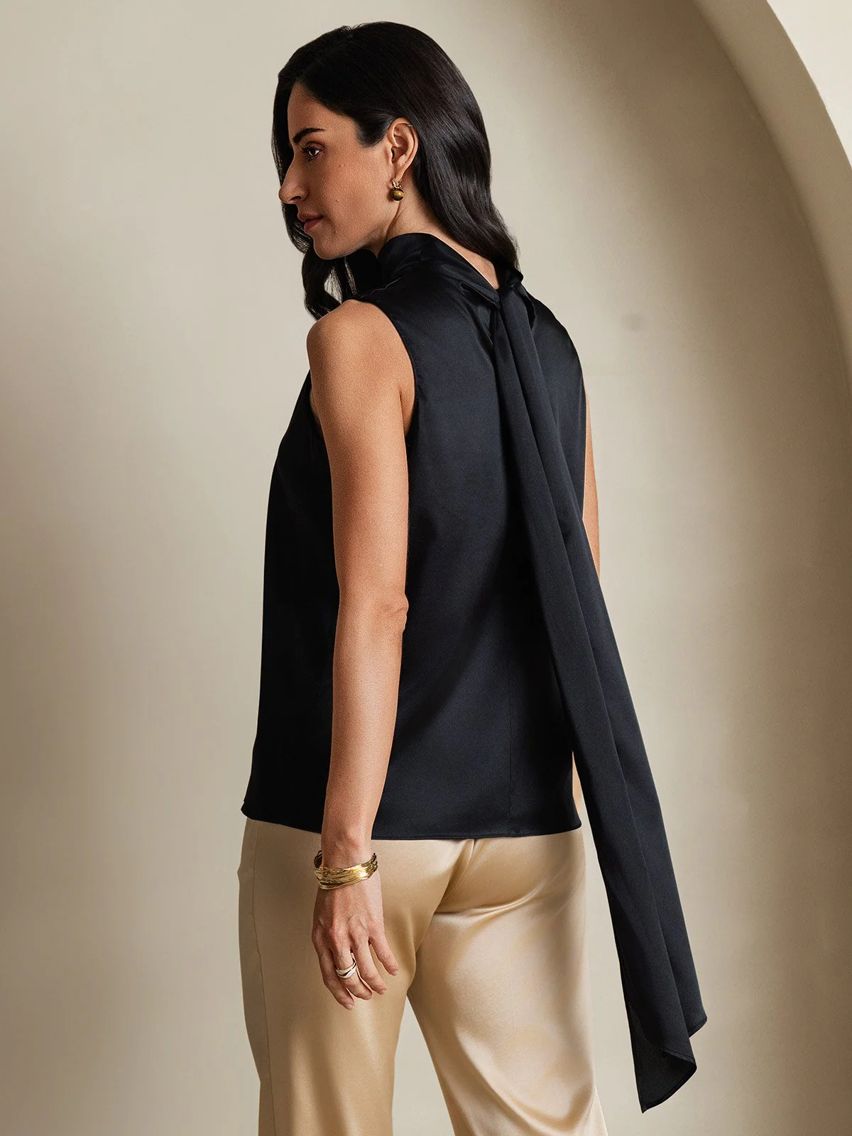 19Momme Silk Sleeveless Tie Neck Blouse - Image 23